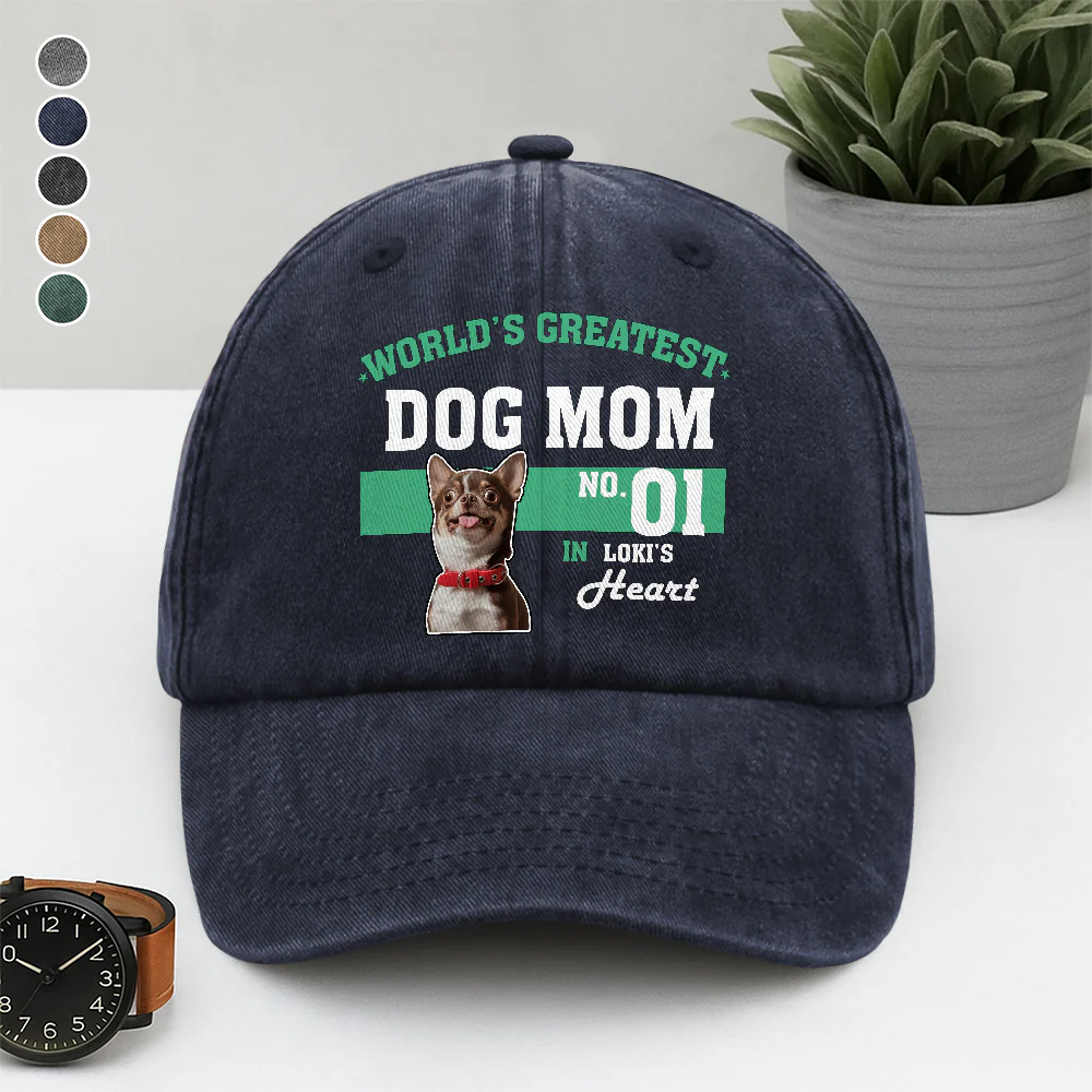 Custom Photo World's Greatest Dog Mom No.1 Washed Denim Baseball Cap LM32 895565 - Image 3