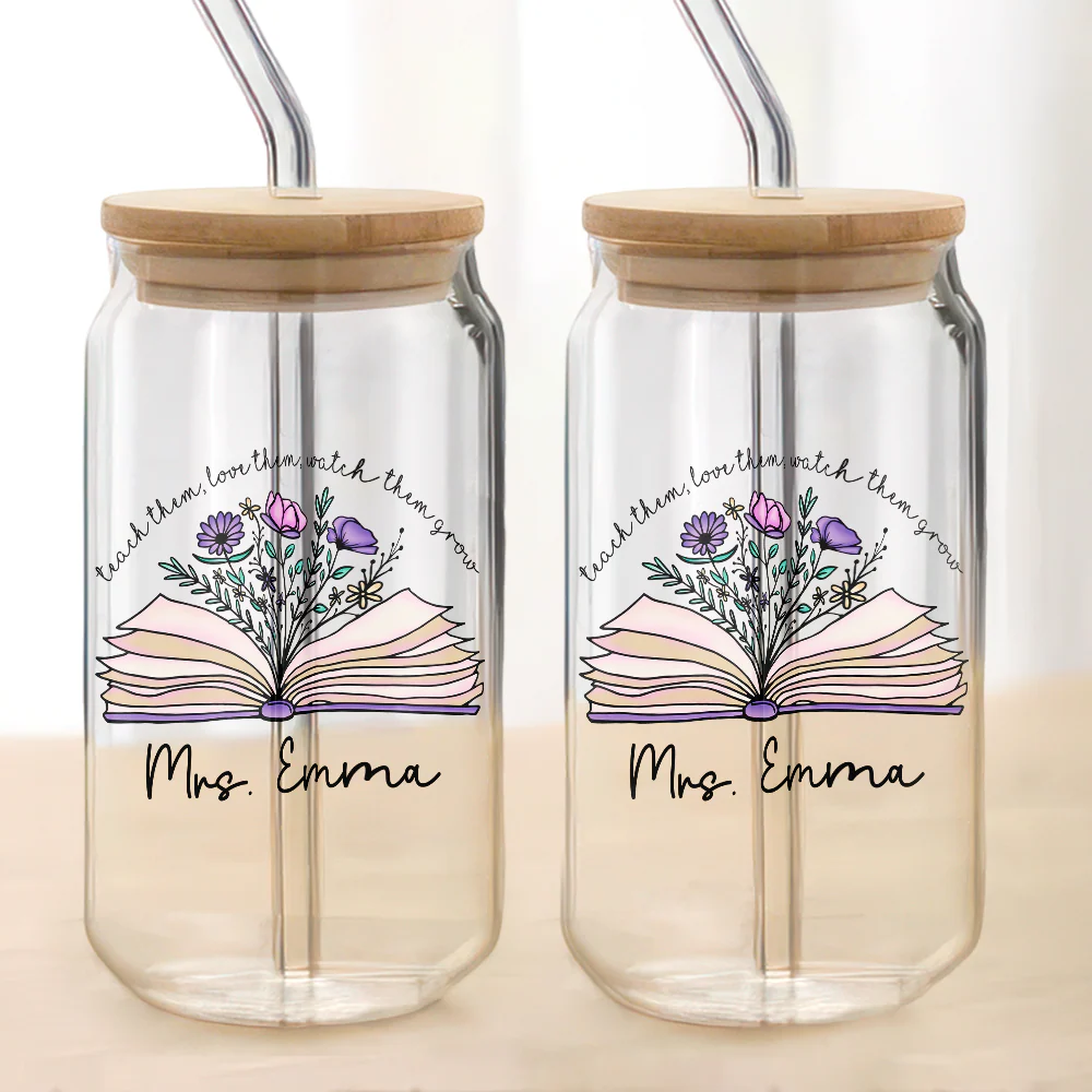 Personalized Gift For Teacher Appreciation With Flower and Book Glass Can With Lid LM32 893743 - Image 6