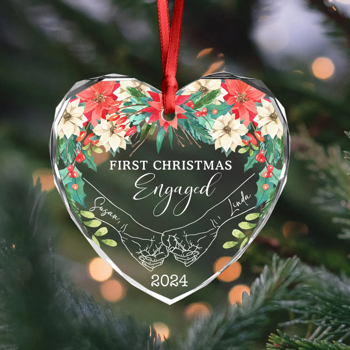 Personalized Gift Holding Hands First Christmas Couple - Heart Shaped Glass Ornament HA75 891763