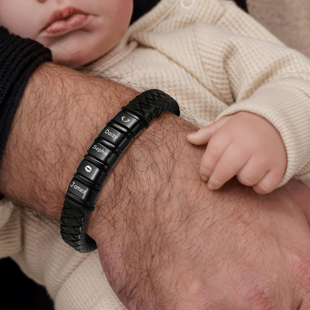 Personalized Name Adorable Icon Mens Beaded Leather Bracelet Gift For Dad, Family LM32 893659 - Image 3