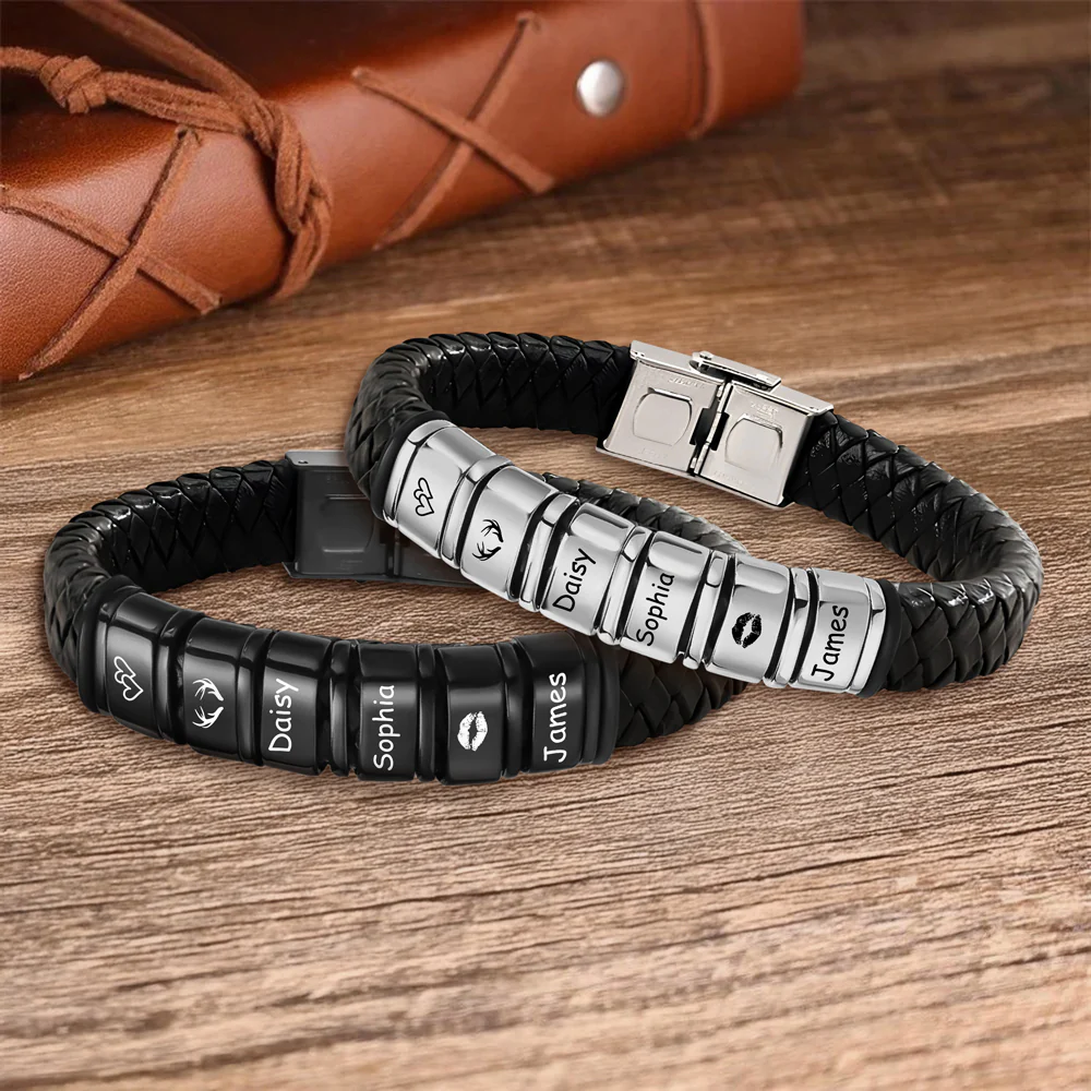 Personalized Name Adorable Icon Mens Beaded Leather Bracelet Gift For Dad, Family LM32 893659 - Image 4
