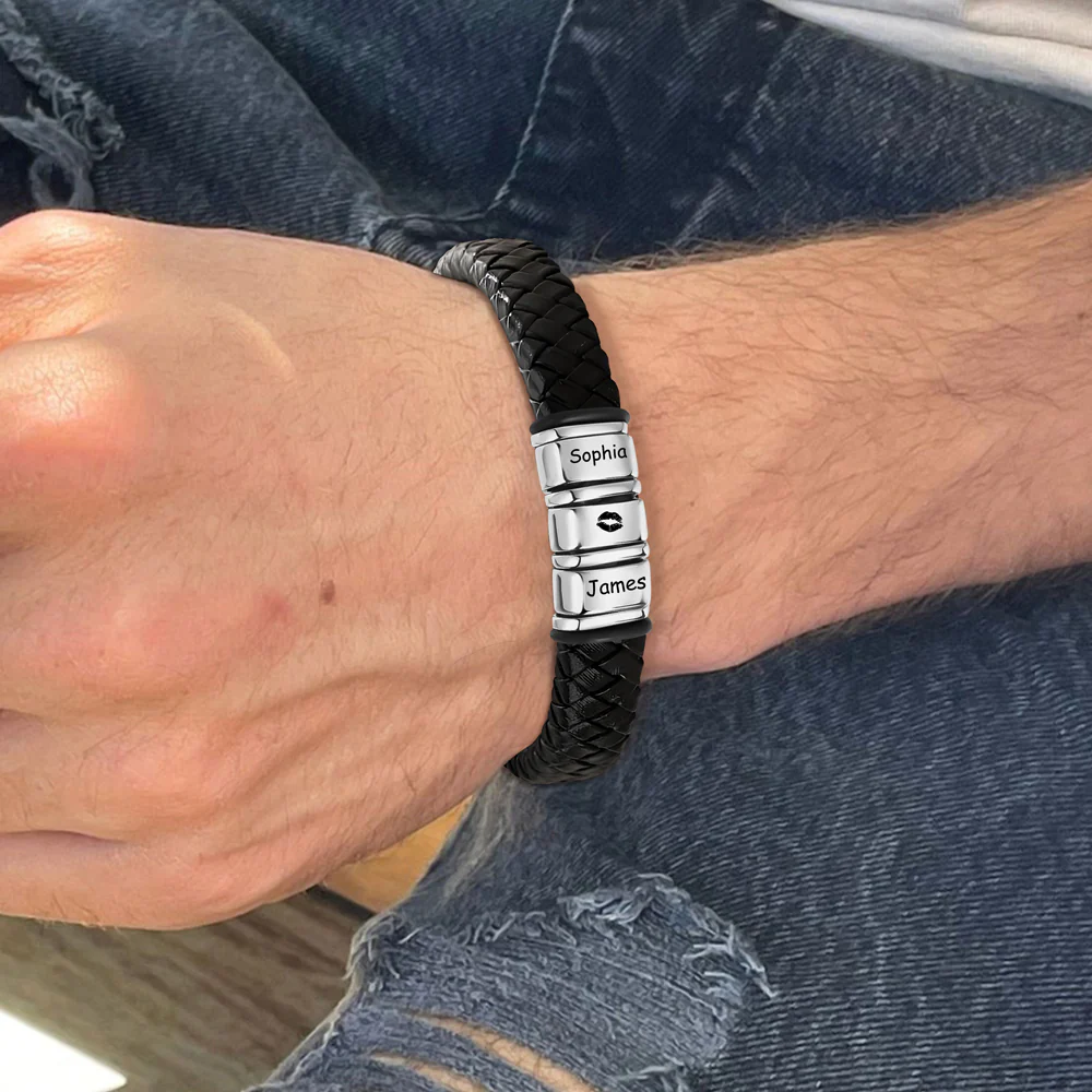Personalized Name Adorable Icon Mens Beaded Leather Bracelet Gift For Dad, Family LM32 893659 - Image 5