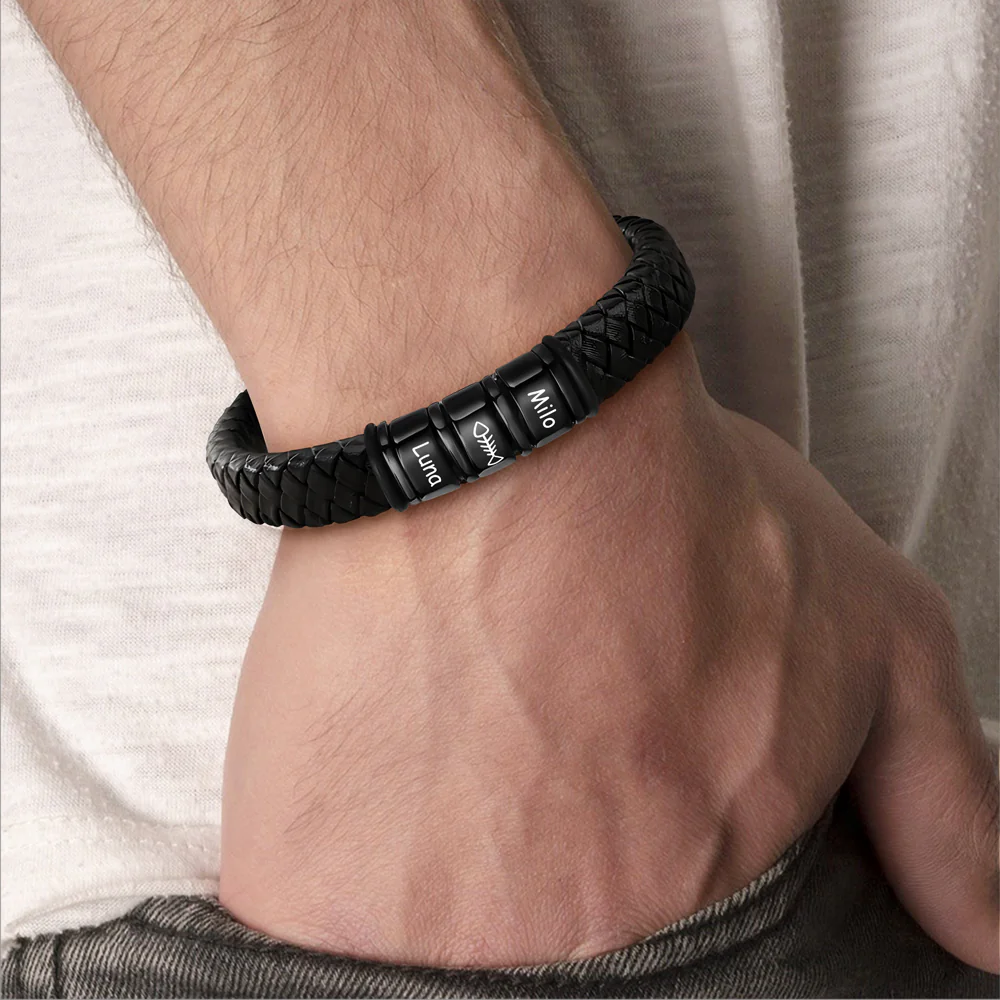 Personalized Name Adorable Icon Mens Beaded Leather Bracelet Gift For Dad, Family LM32 893659 - Image 6