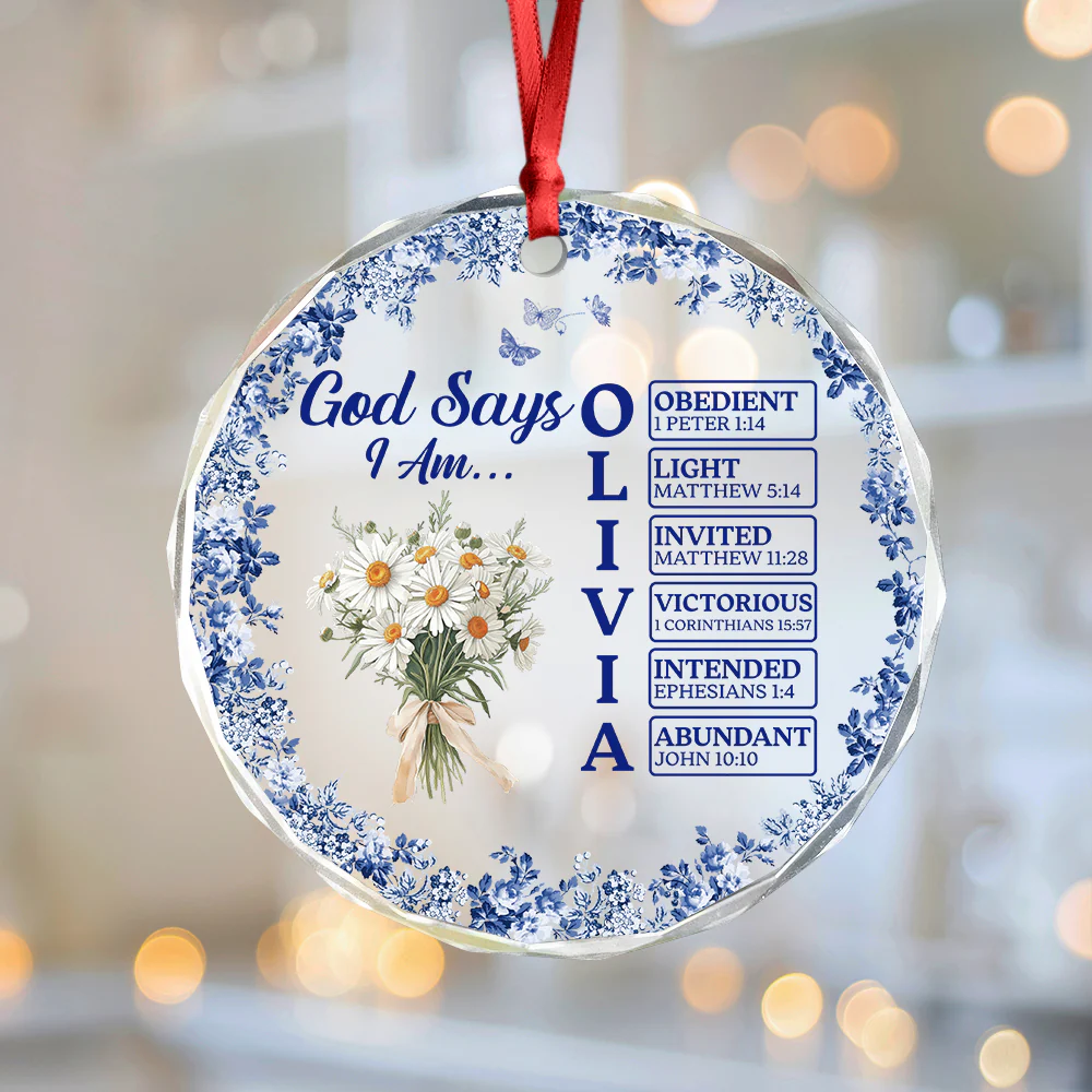 Personalized Name Letter God Says I Am Flower Toile De Jouy Style Glass Ornament LM32 895363 - Image 3