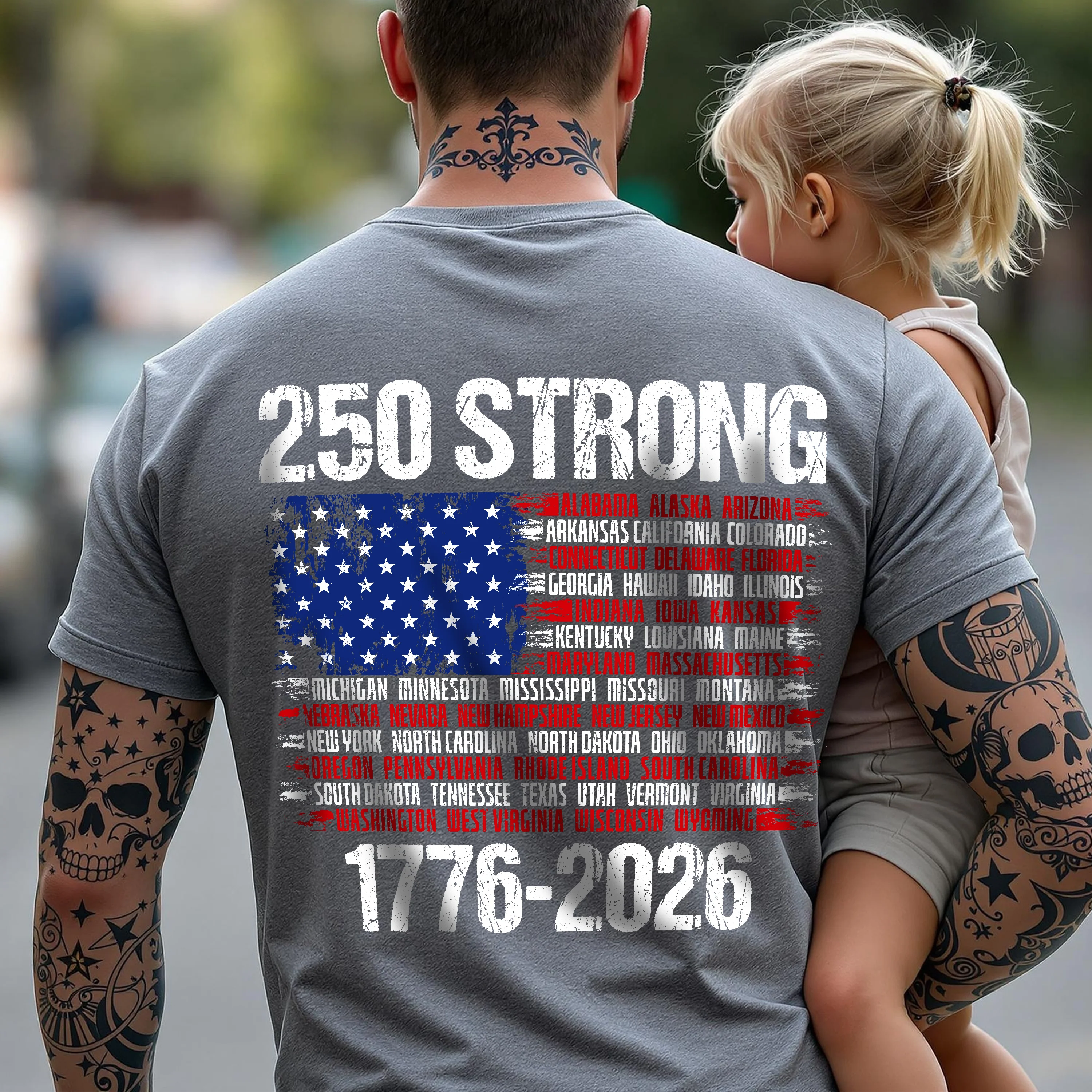 USA 250 Strong Flag American States Patriotic Back Side Dark Shirt LM32 895335 - Image 6