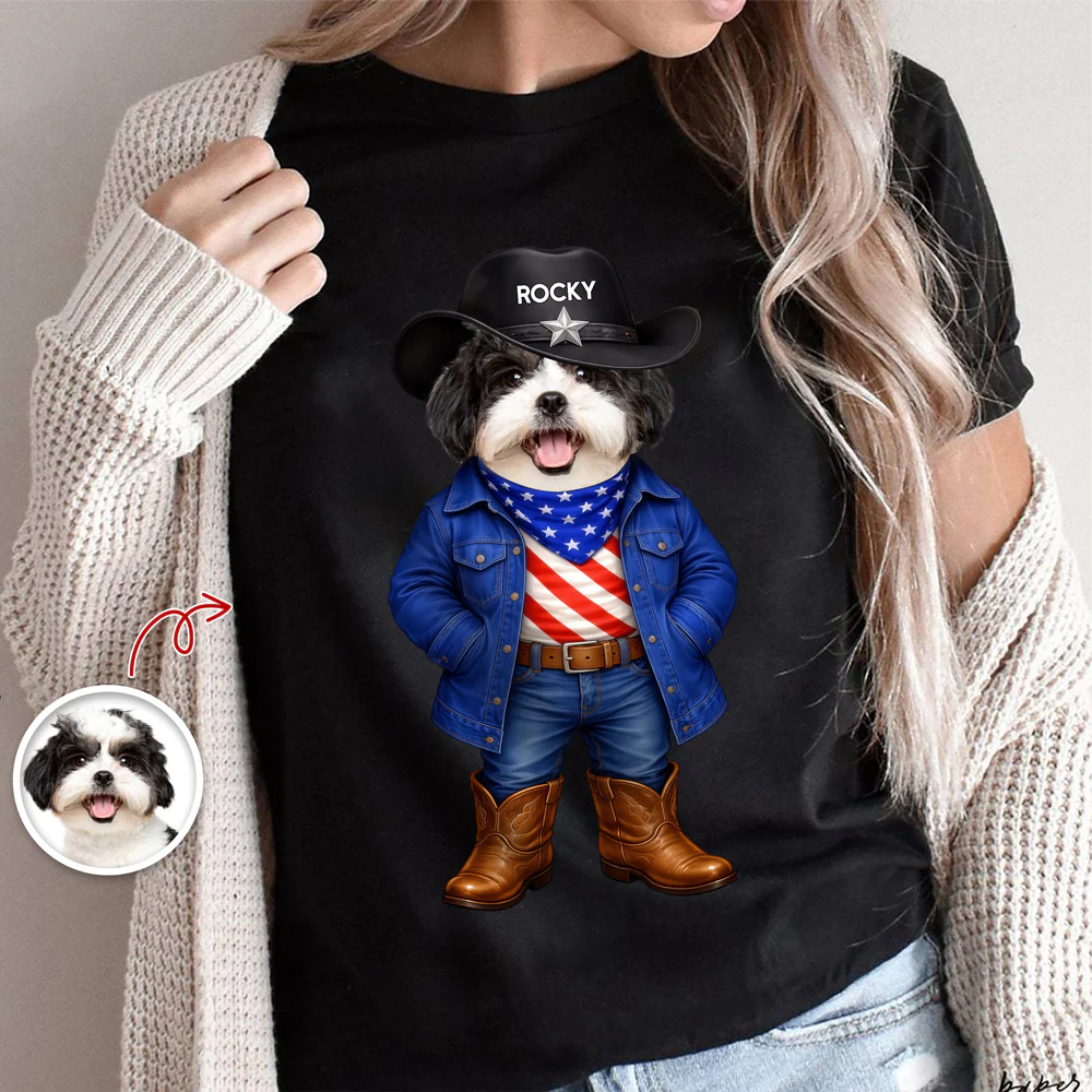 Custom Dog Cat Photo Patriotic Cowboy Dark Shirt, Personalized Pet USA Flag Outfit Gift for Pet Lovers HA75 920970 - Image 7