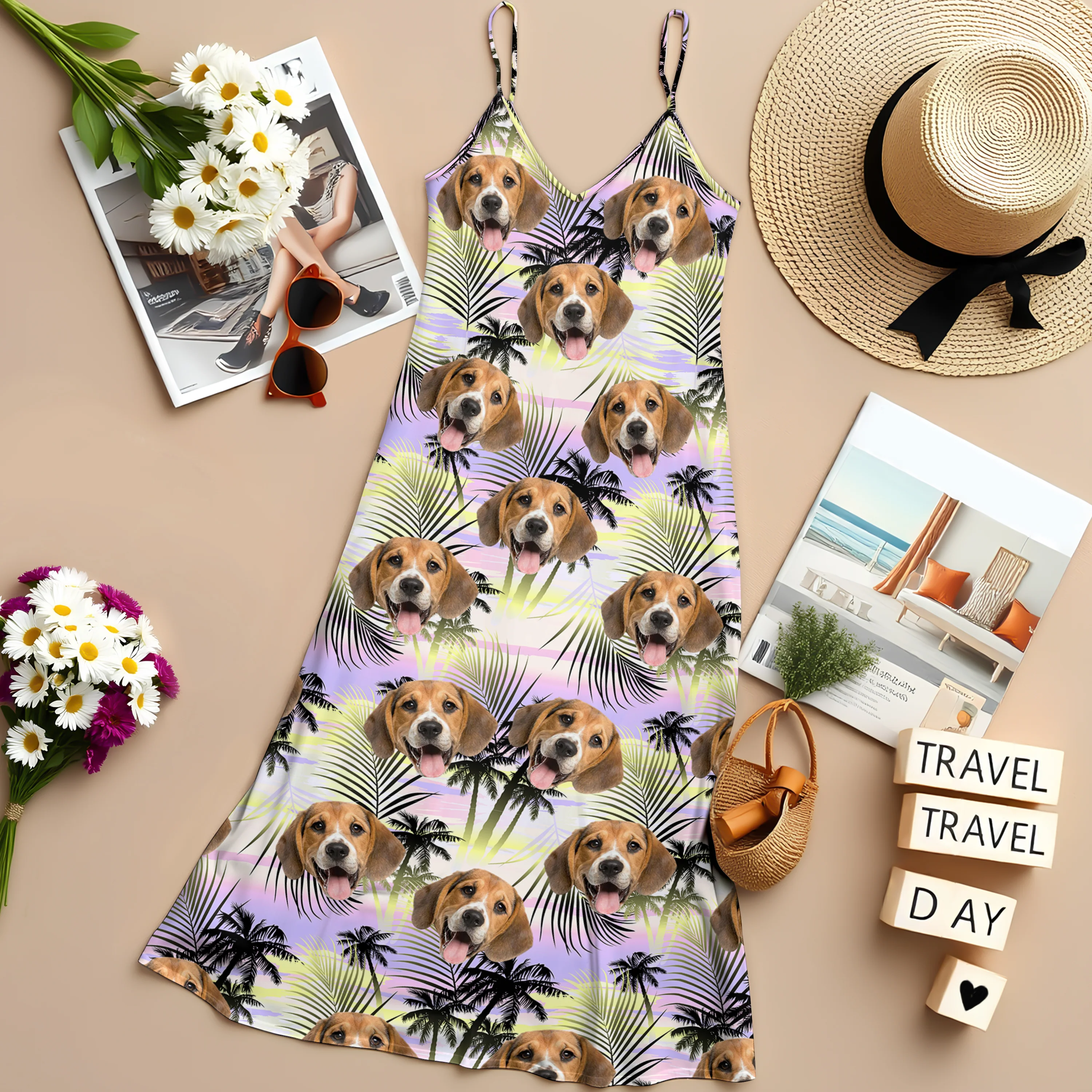 Custom Dog Photo Tropical Summer Pattern Cami Maxi Dress HO82 902396 - Image 5