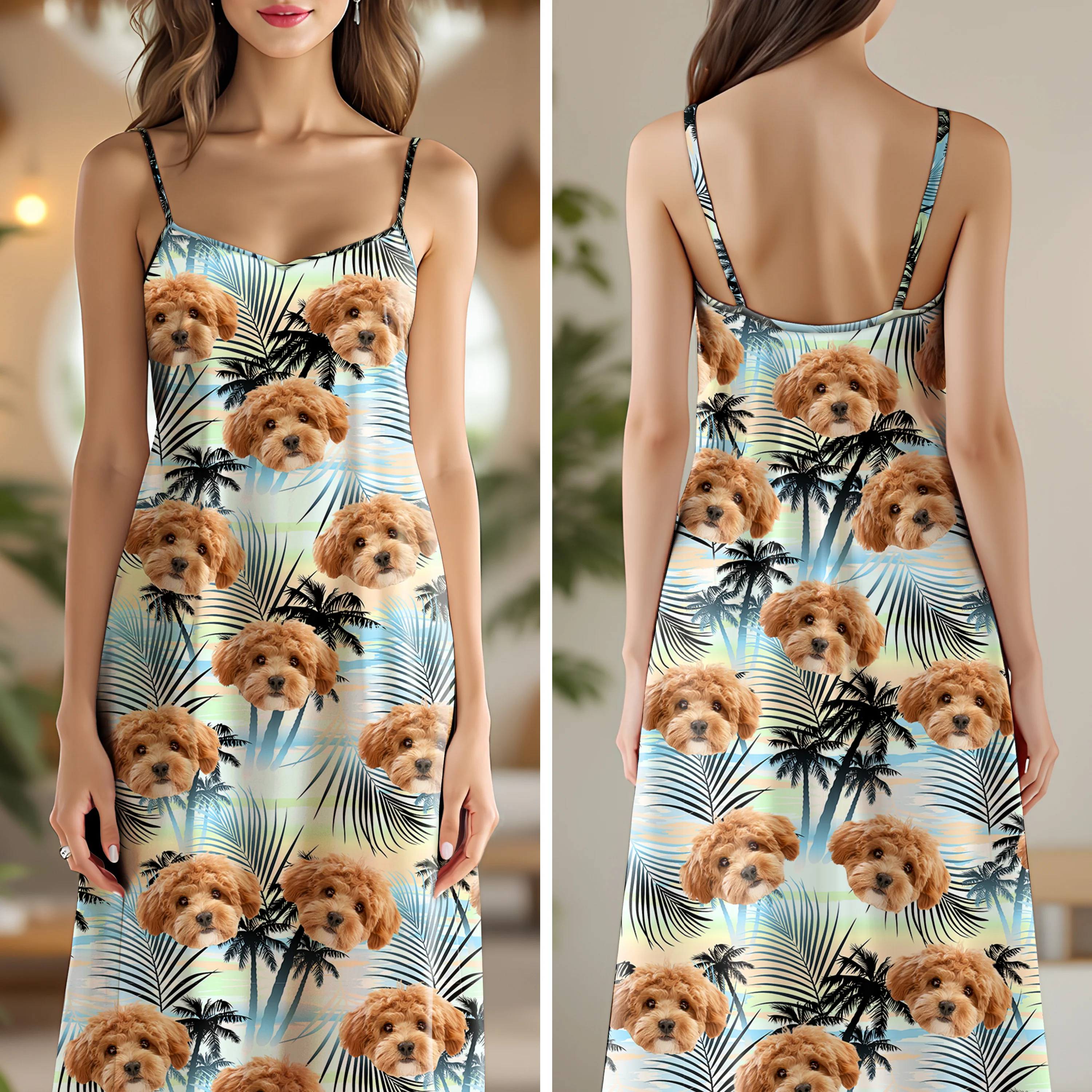 Custom Dog Photo Tropical Summer Pattern Cami Maxi Dress HO82 902396 - Image 7