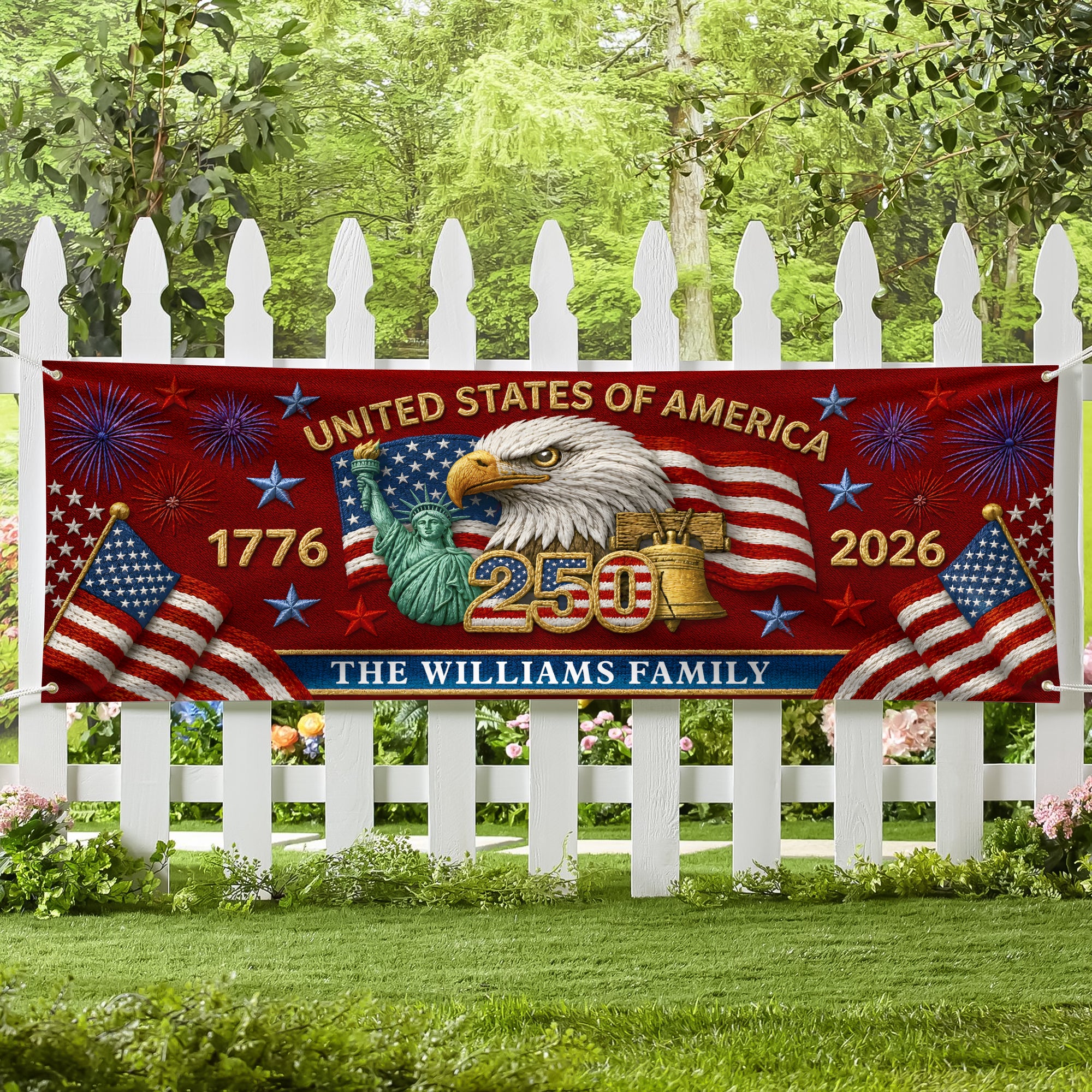Custom Family Name 250th Birthday America Eagle Embroidered Effect Patriotic Party Banner LM32 669281 - Image 6