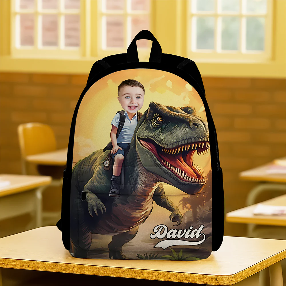 Custom Kid Photo Little Boy Riding Dinosaur Personalized Backpack HA75 921680 - Image 2
