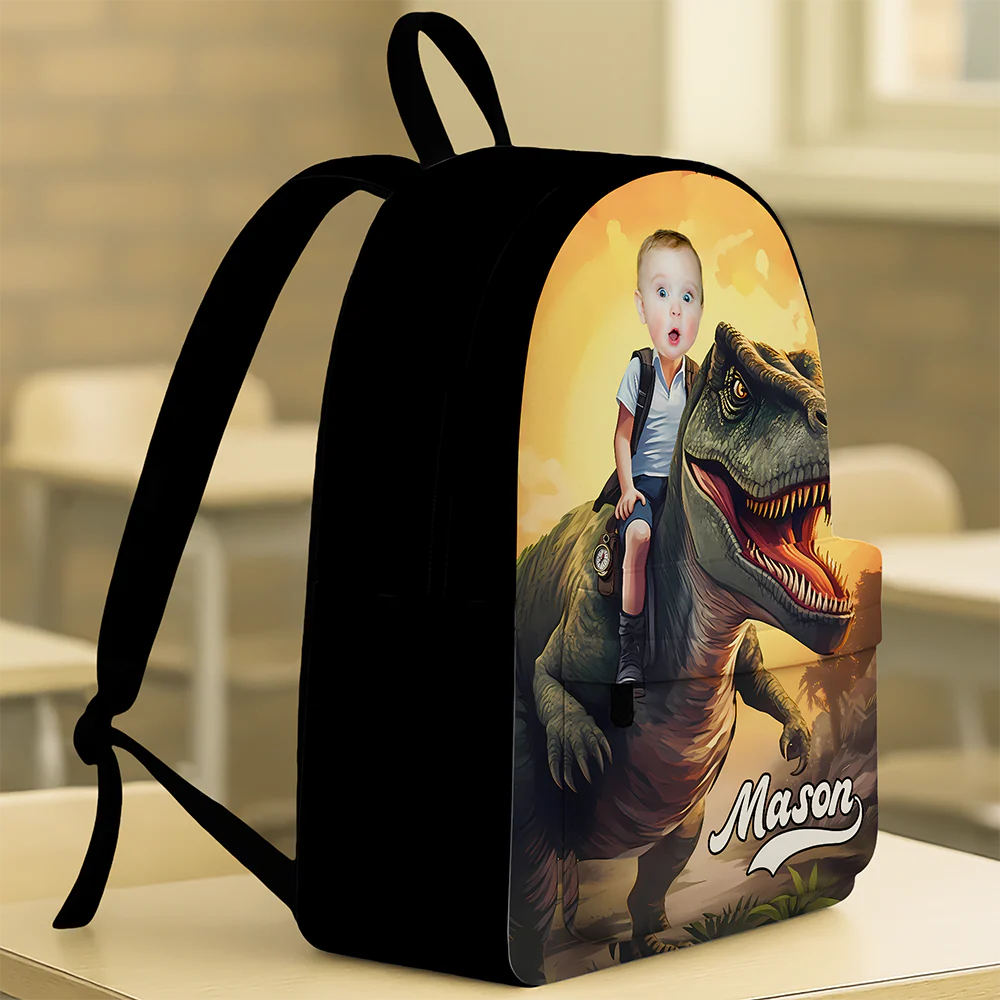 Custom Kid Photo Little Boy Riding Dinosaur Personalized Backpack HA75 921680 - Image 3