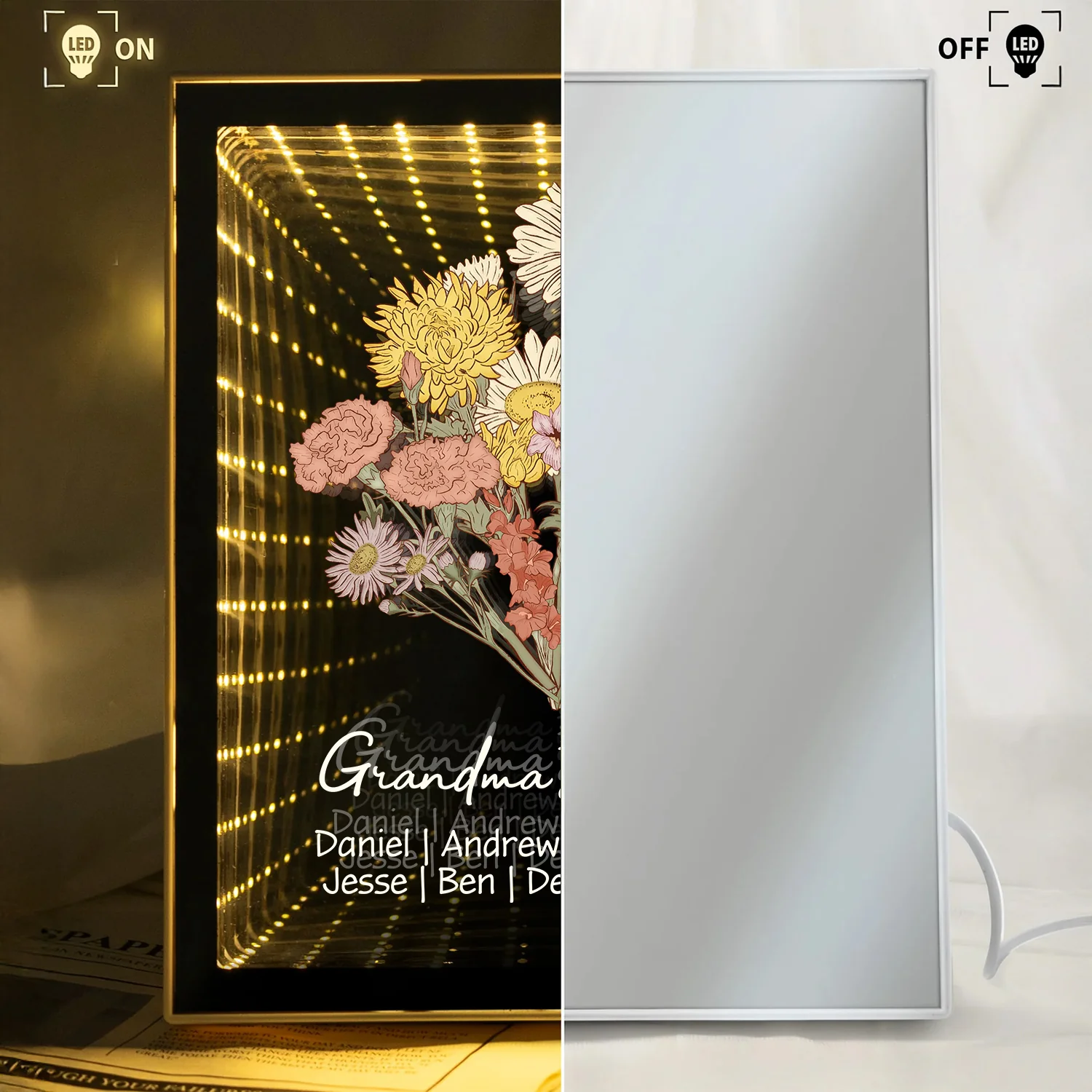 Custom Kids Names Grandma’s Garden Infinity Mirror Light Box – Personalized Family Blossoms Mother’s Day Gift HO82 901952 - Image 5