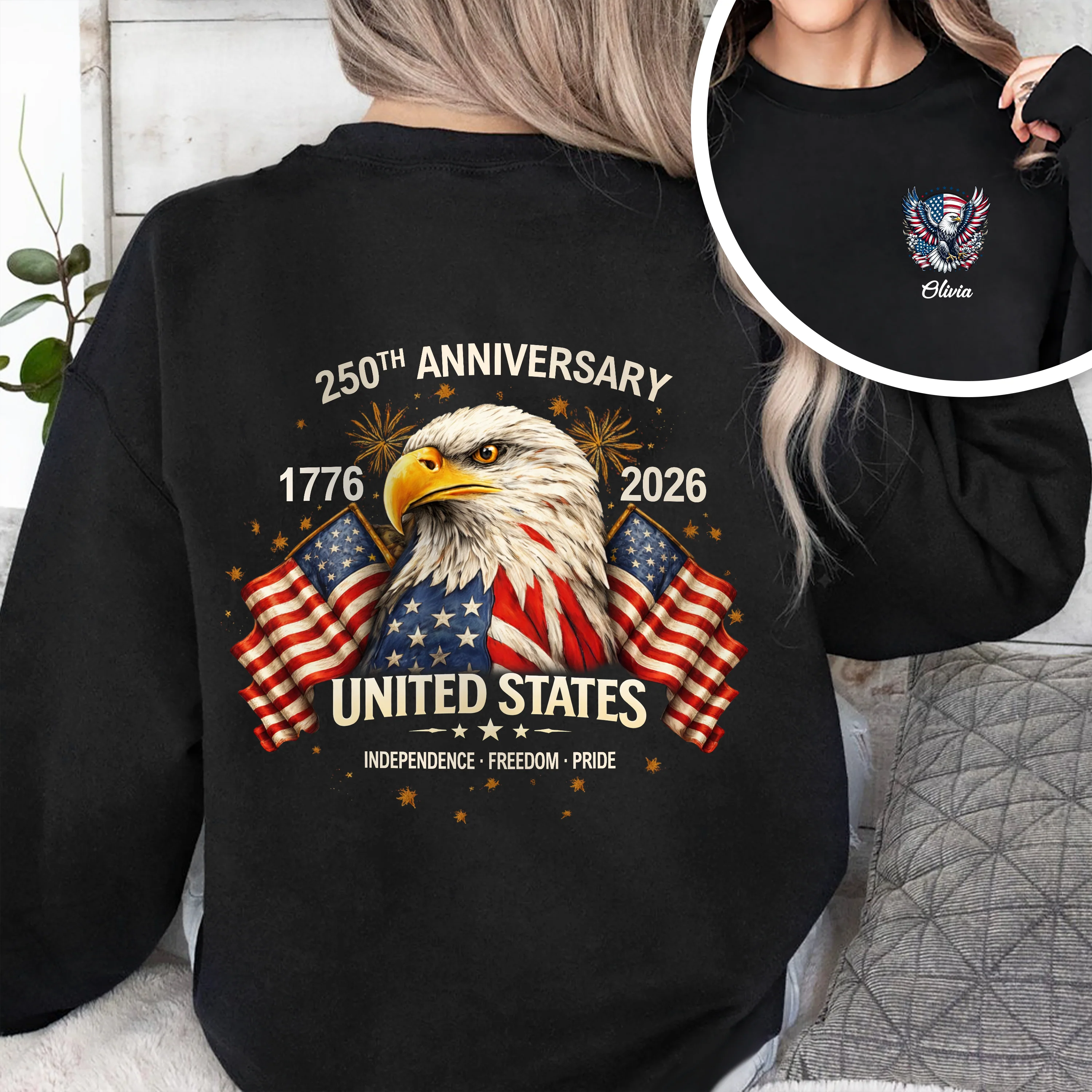 Custom Name 250th Anniversary United States 1776–2026 Eagle Back & Front Dark Shirt HO82 902106 - Image 2