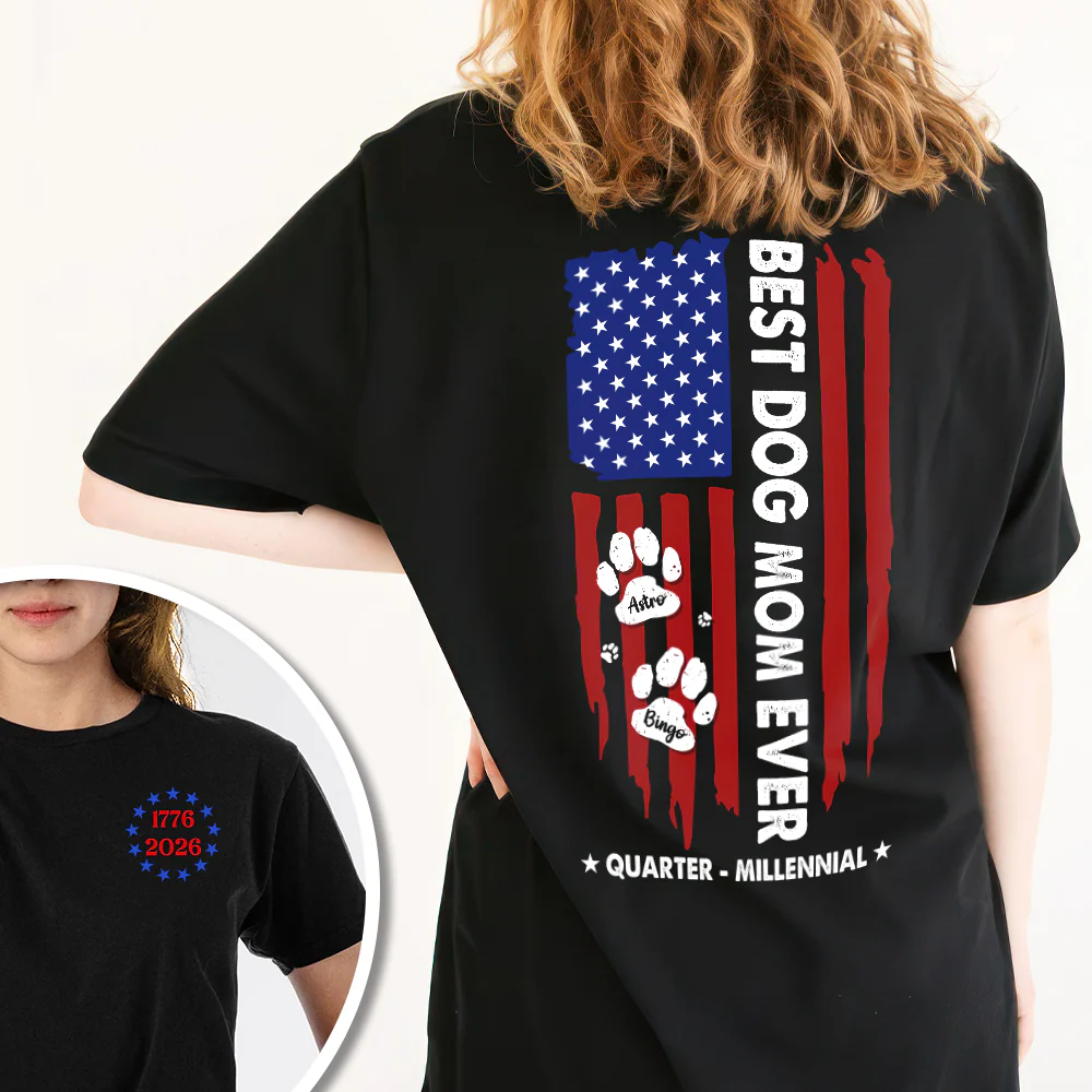 Custom Name Best Dog Mom Ever Paw American Flag Back & Front Dark Shirt LM32 899519 - Image 2