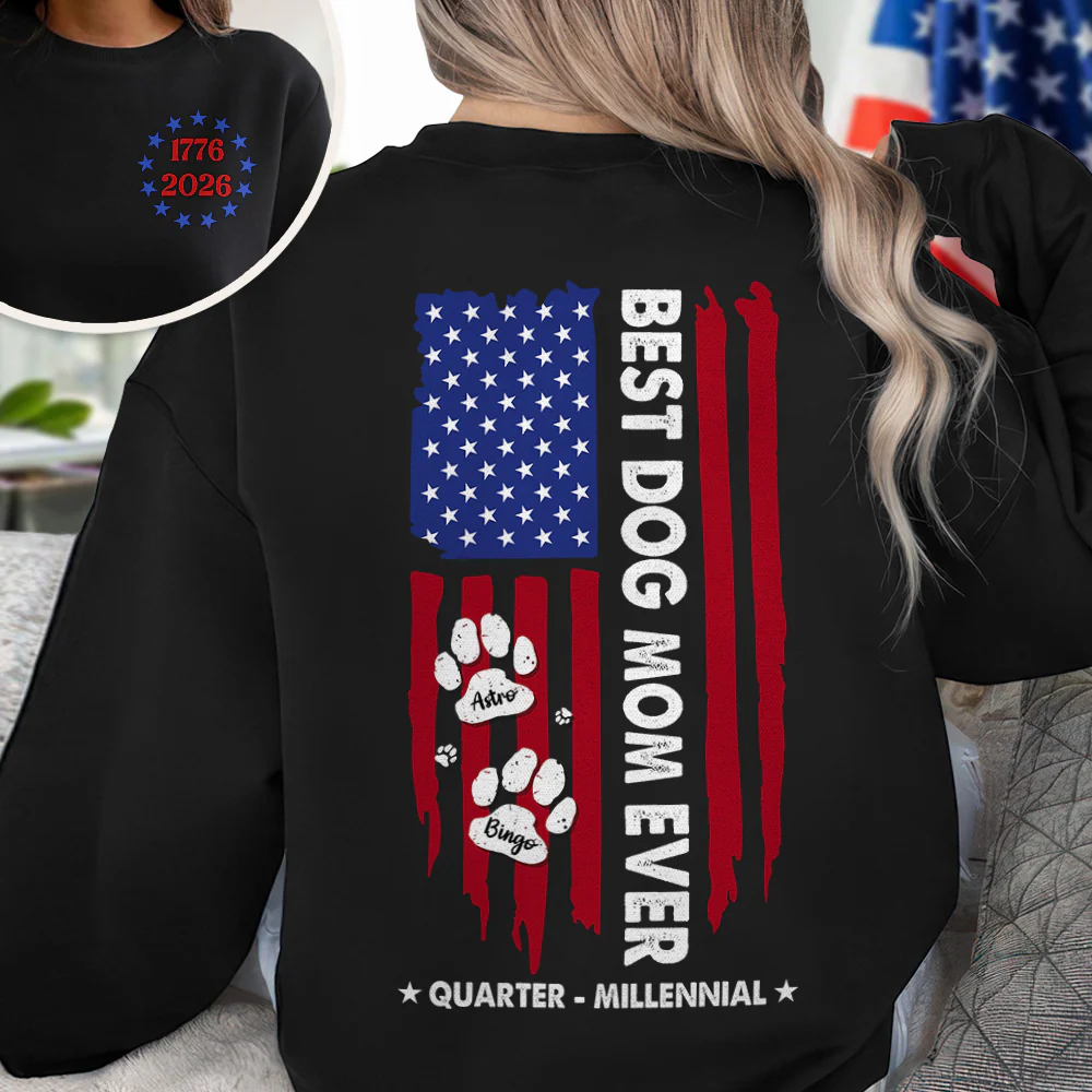 Custom Name Best Dog Mom Ever Paw American Flag Back & Front Dark Shirt LM32 899519 - Image 3