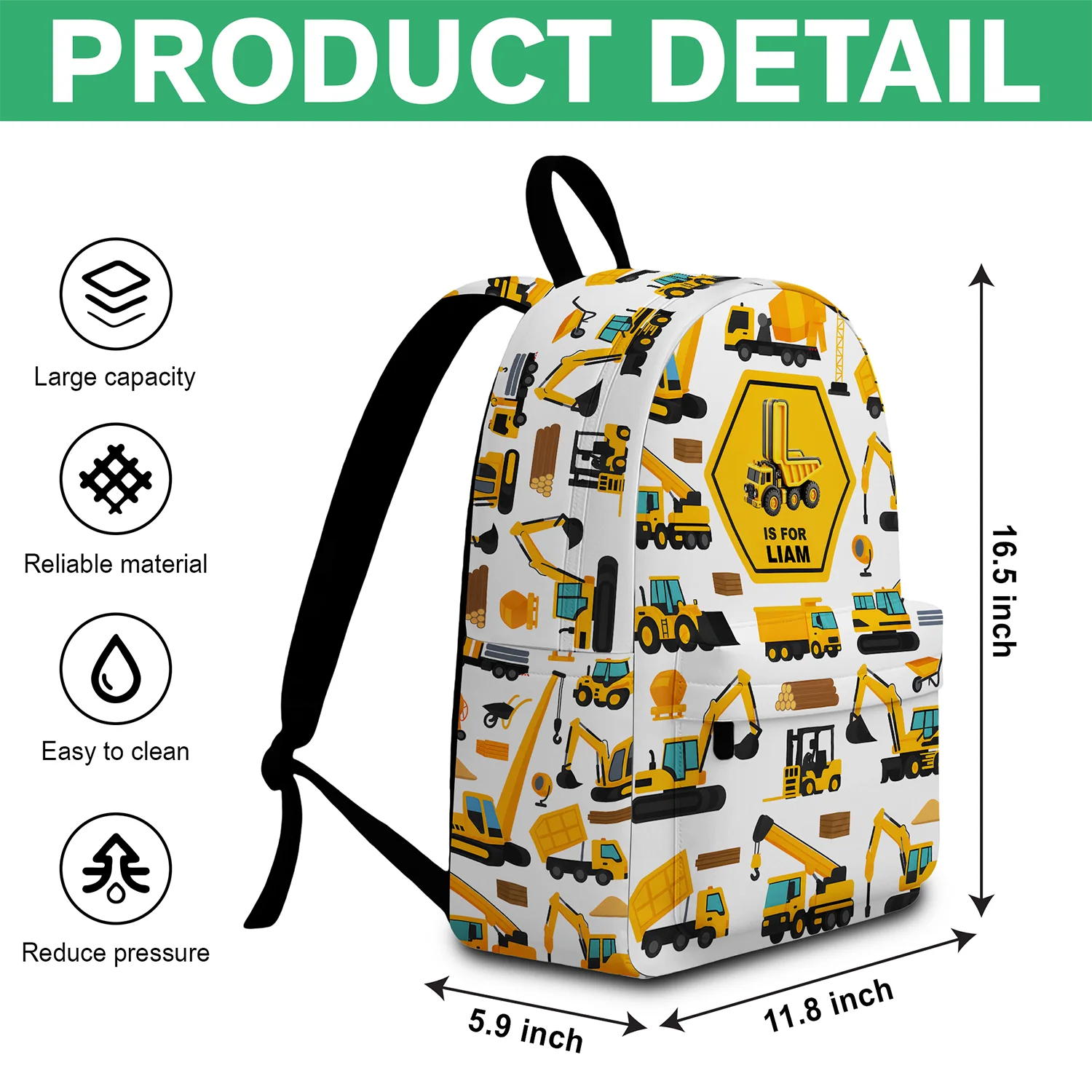 Custom Name Construction Vehicles Truck, Unicorn Letter Backpack For Kids HA75 921656 - Image 6