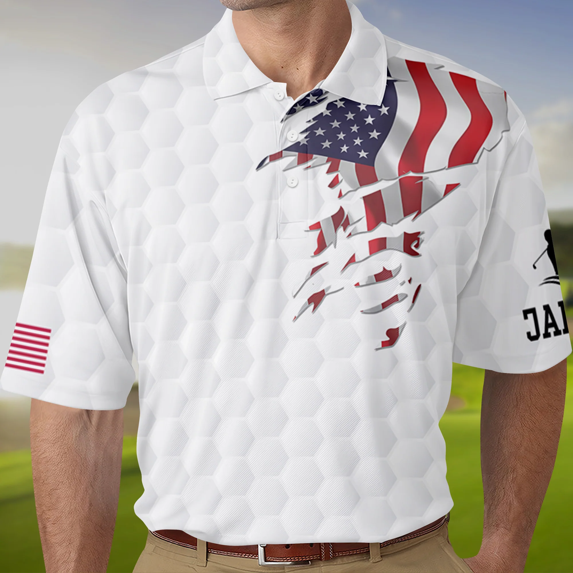 Custom Name Golf Ball Pattern American Flag Polo Shirt, Personalized USA Patriotic Golf Shirt Gift for Men HA75 898578 - Image 6