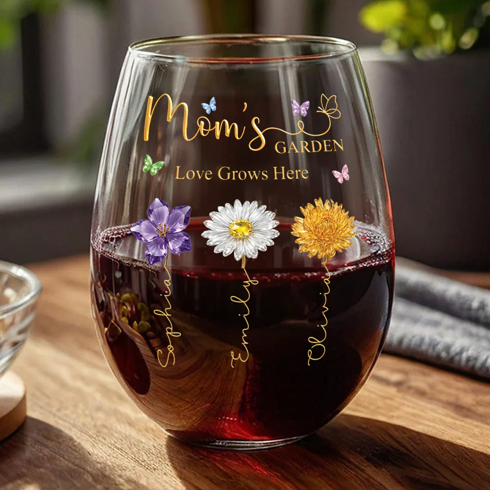 Custom Name Mom's Garden Love Grows Here Wine Glass, Personalized Birth Flower Gift for Mom CH07 911212 - Image 3