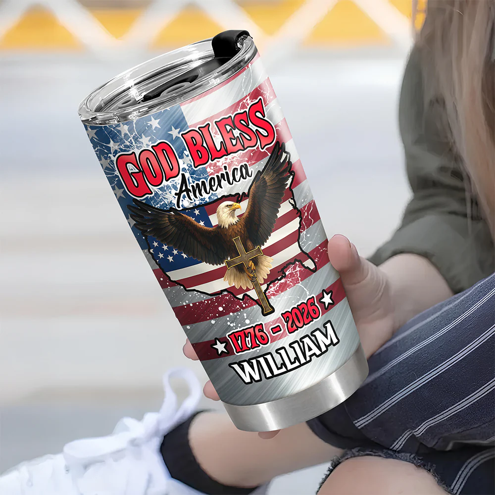 Custom Name Patriotic 250th Anniversary God Bless America Eagle 1776-2026 Fat Tumbler HO82 902254 - Image 2