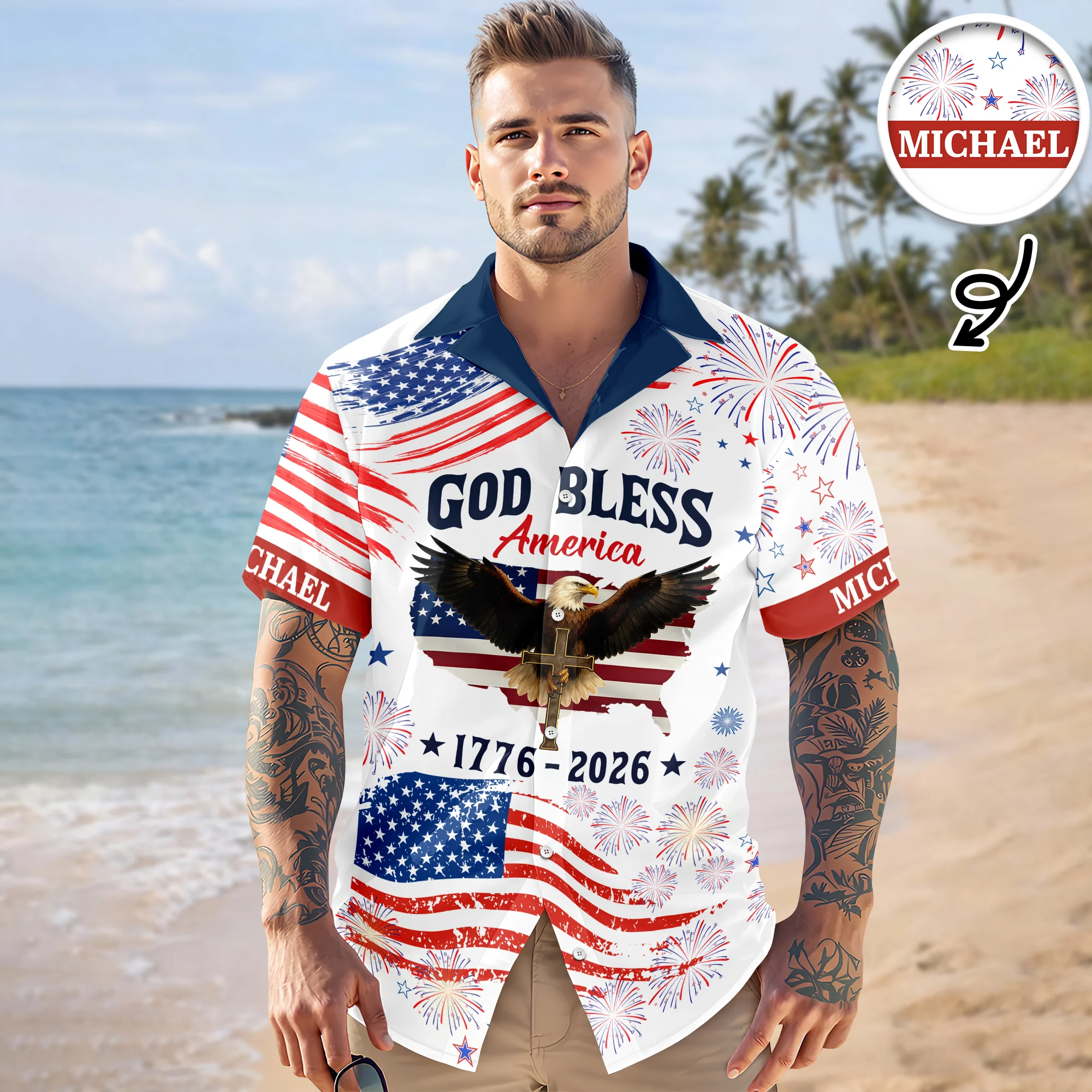 Custom Name Patriotic 250th Anniversary God Bless America Eagle Hawaii Shirt HO82 901200 - Image 2
