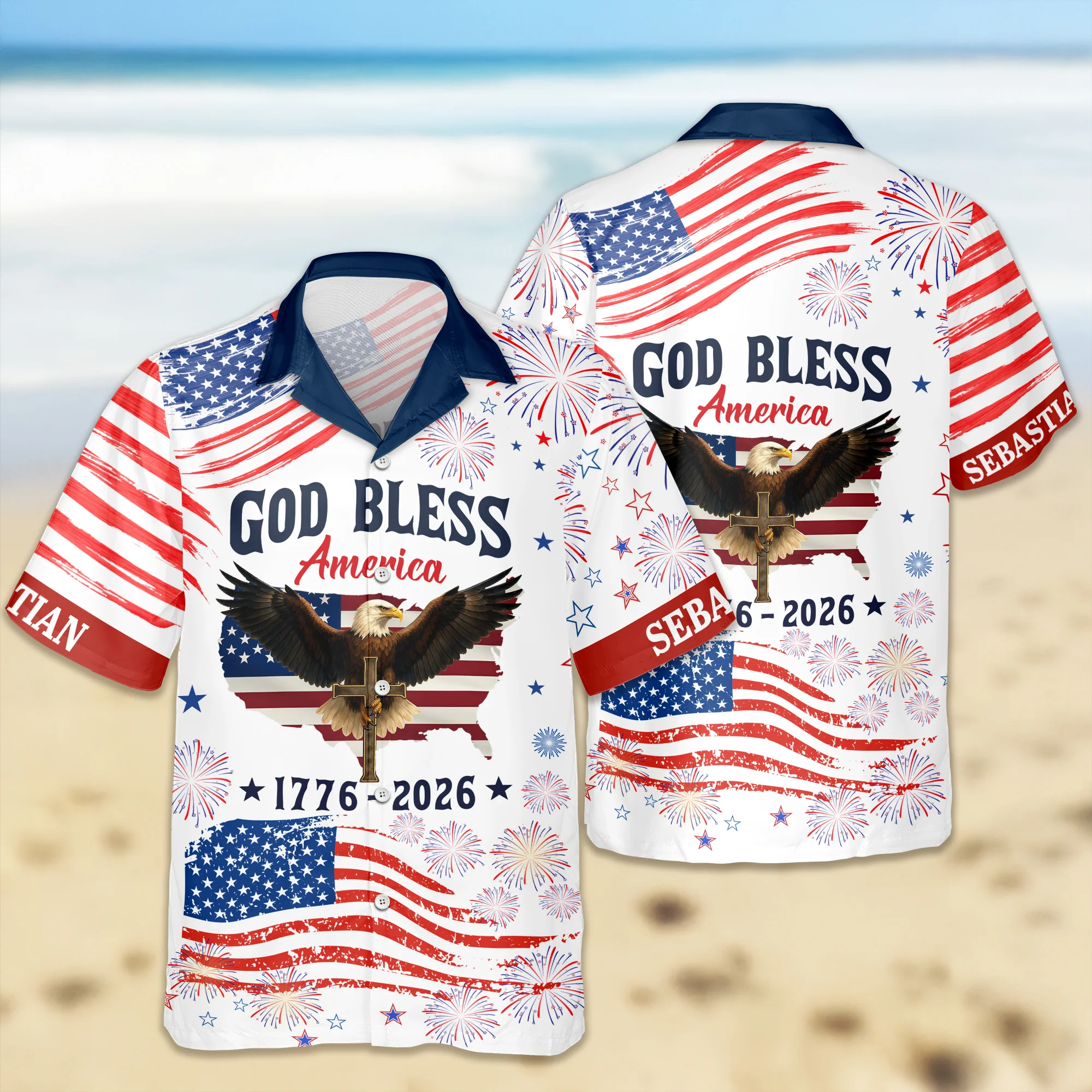 Custom Name Patriotic 250th Anniversary God Bless America Eagle Hawaii Shirt HO82 901200 - Image 7