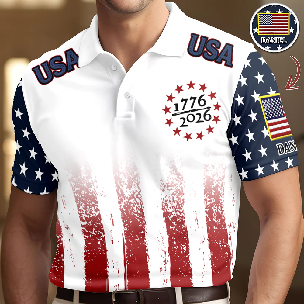 Custom Name USA 250 Years of Independence 1776–2026 American Flag Patriotic Polo Shirt HO82 902024 - Image 2