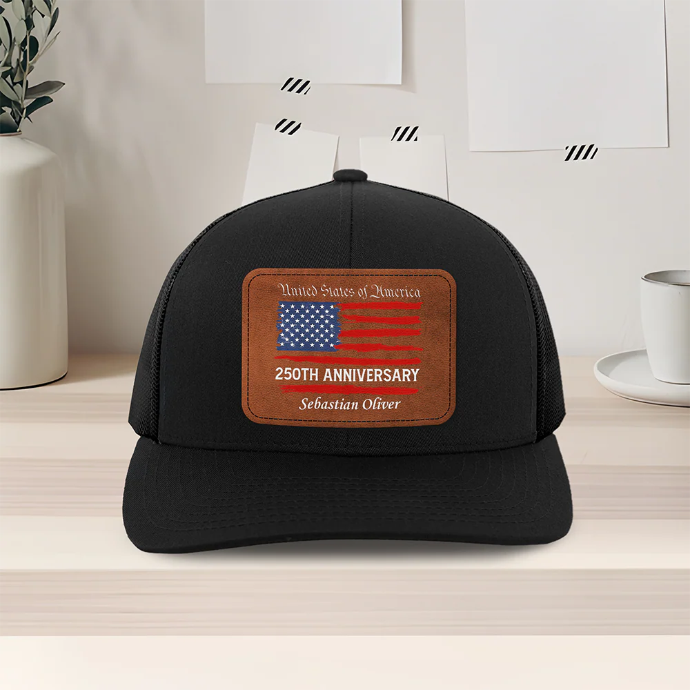 Custom Name USA 250th Anniversary America Flag Leather Patch Hat HO82 902306 - Image 3