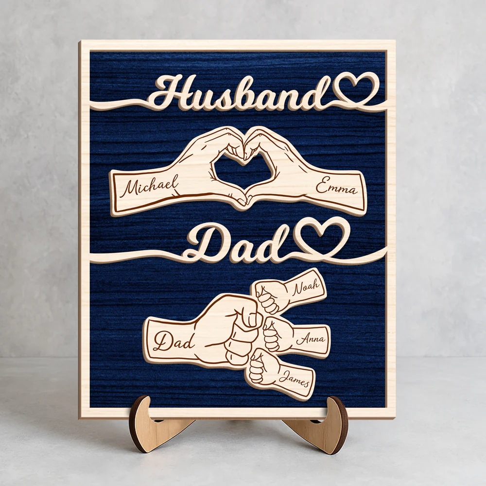 Custom Names Fist Bump Husband, Dad 2-Layered Wooden Plaque With Stand Gift For Dad, Husband HA75 921036 - Image 2