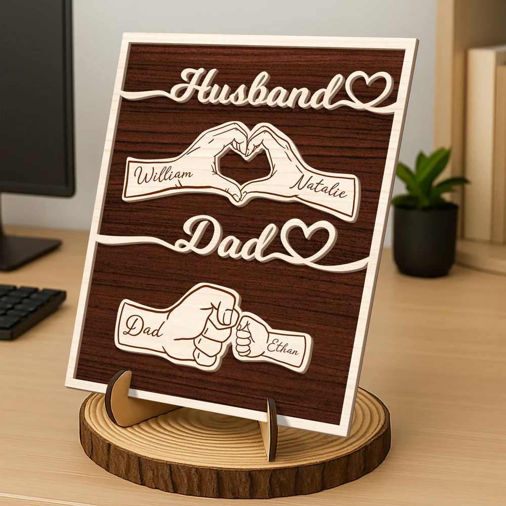 Custom Names Fist Bump Husband, Dad 2-Layered Wooden Plaque With Stand Gift For Dad, Husband HA75 921036 - Image 4