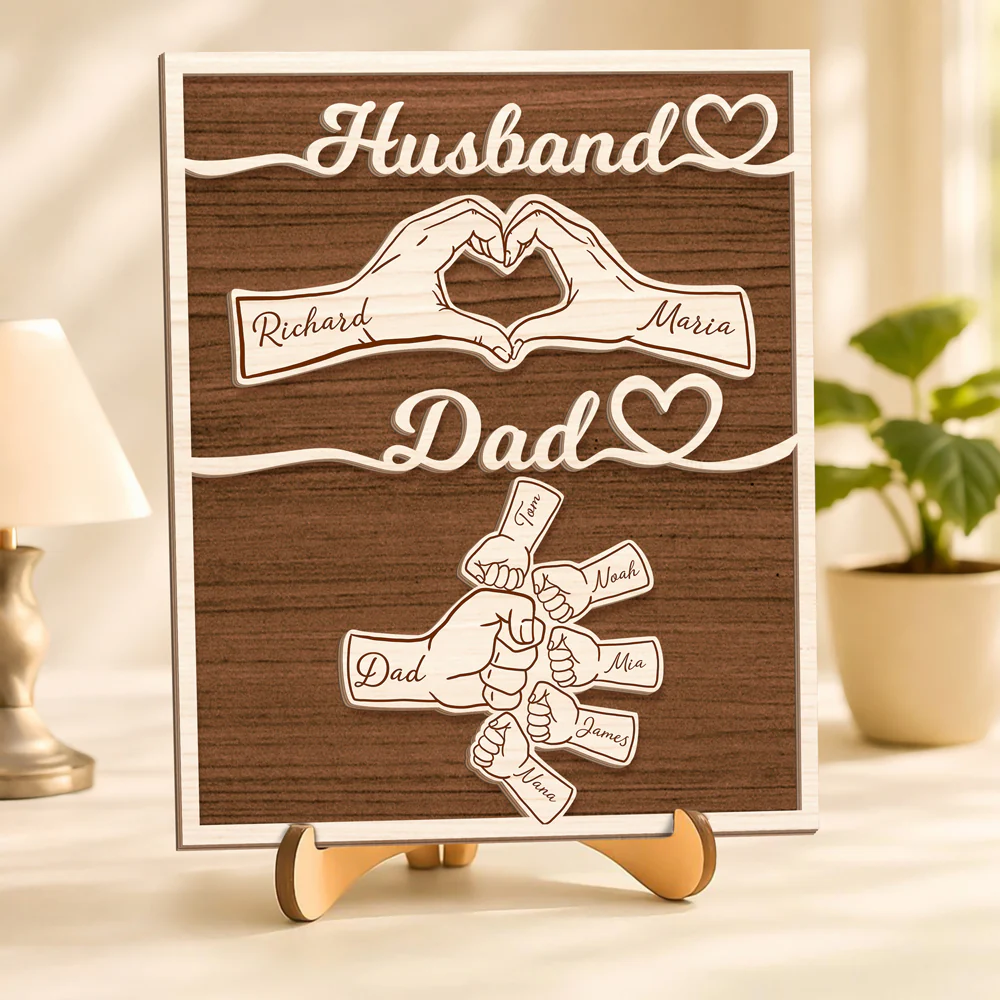 Custom Names Fist Bump Husband, Dad 2-Layered Wooden Plaque With Stand Gift For Dad, Husband HA75 921036 - Image 8