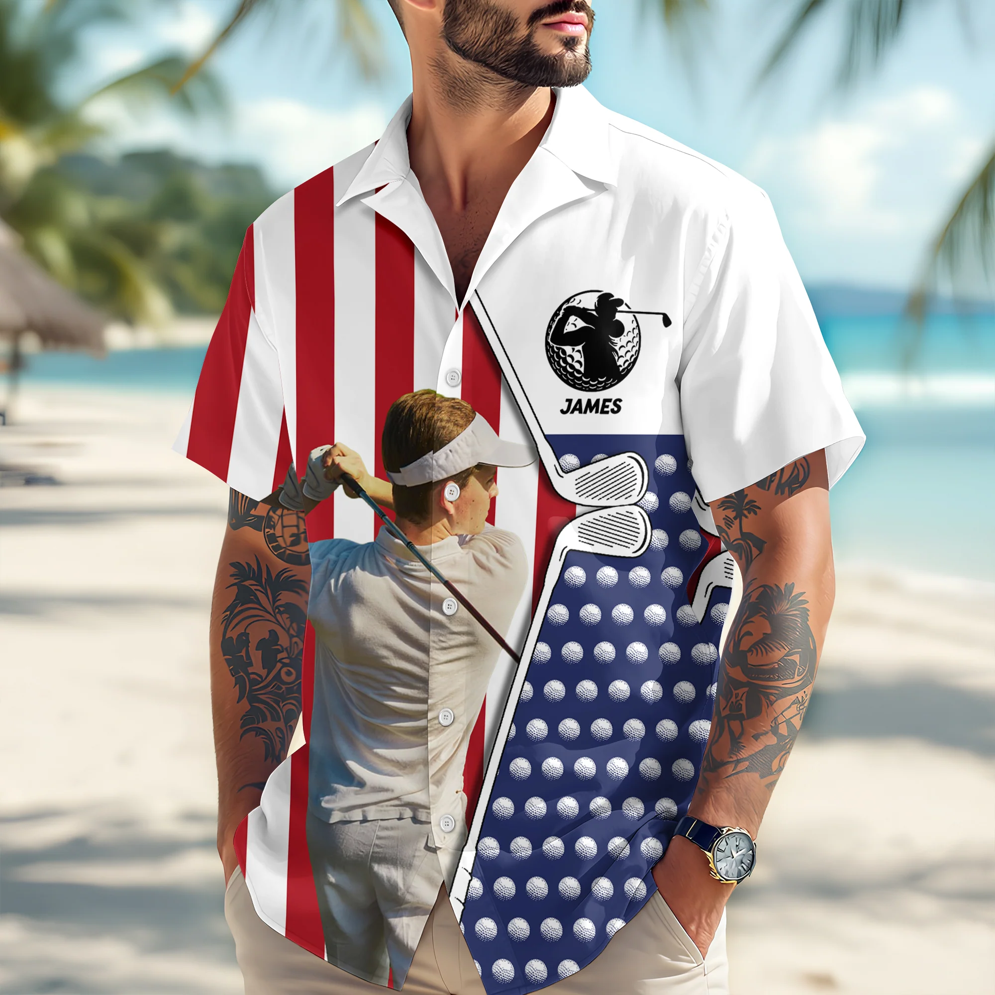 Custom Photo And Name Golf USA Flag Pattern Hawaii Shirt HA75 898756 - Image 3