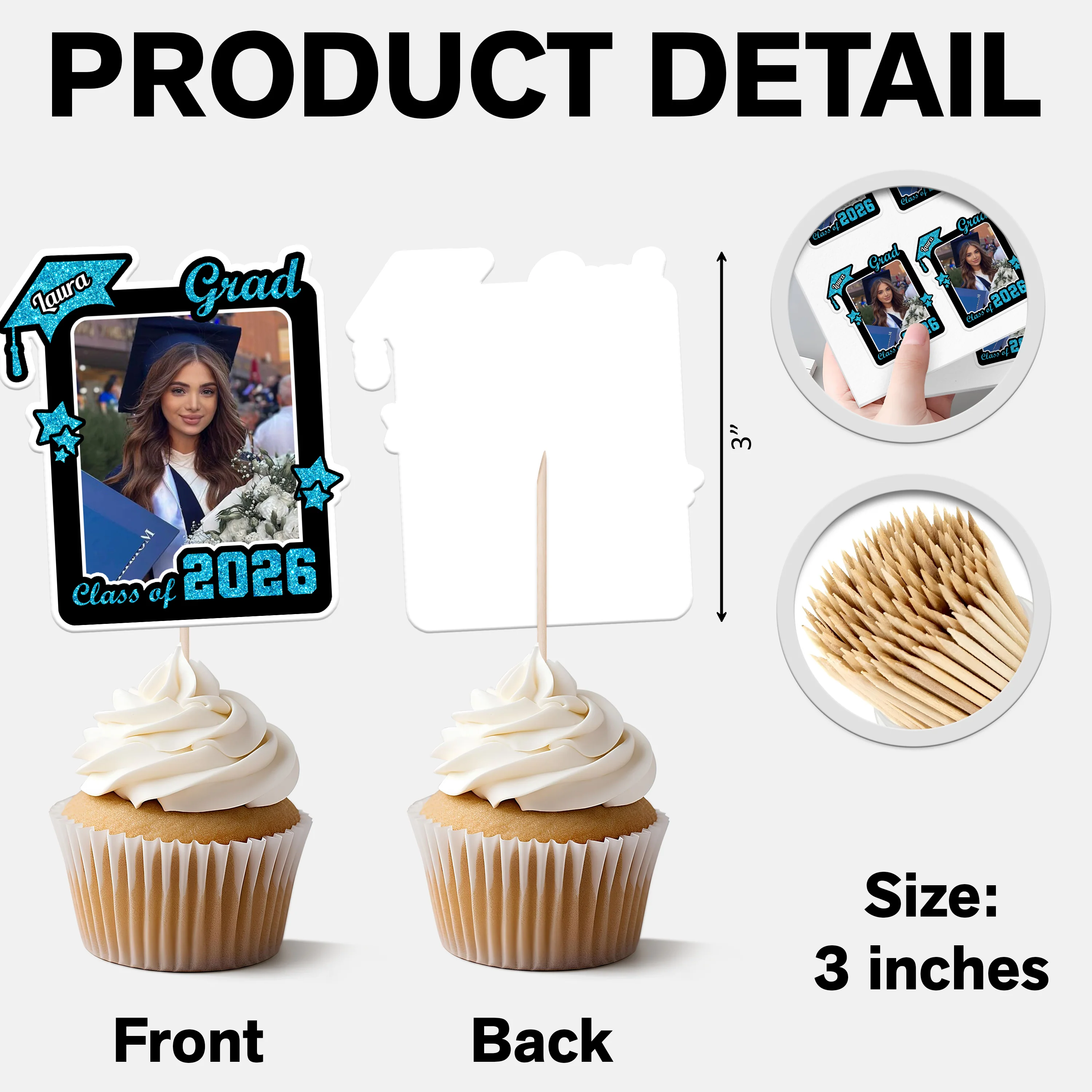Custom Photo Class of 2026 Glitter Graduation Cupcake Toppers, Personalized Party Decorations CH07 895598 - Image 8