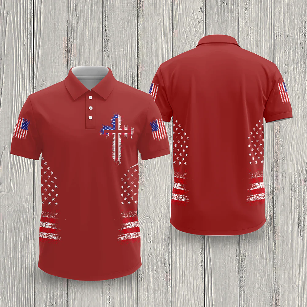 Personalized American Flag Cross Polo Shirt – Christian Faith Patriotic Shirt for Men LM32 899601 - Image 3