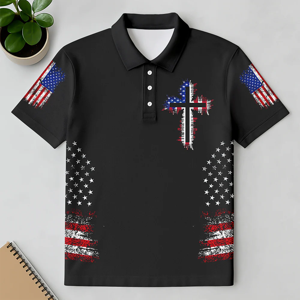 Personalized American Flag Cross Polo Shirt – Christian Faith Patriotic Shirt for Men LM32 899601 - Image 4