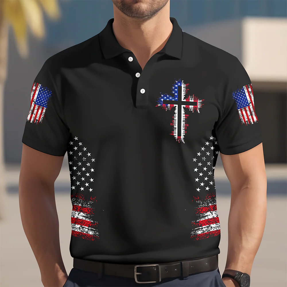 Personalized American Flag Cross Polo Shirt – Christian Faith Patriotic Shirt for Men LM32 899601 - Image 6