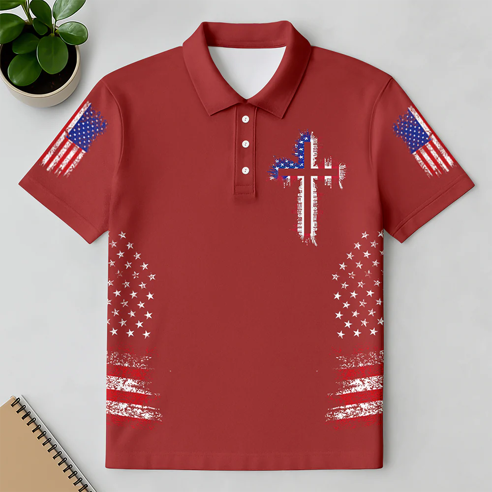 Personalized American Flag Cross Polo Shirt – Christian Faith Patriotic Shirt for Men LM32 899601 - Image 7