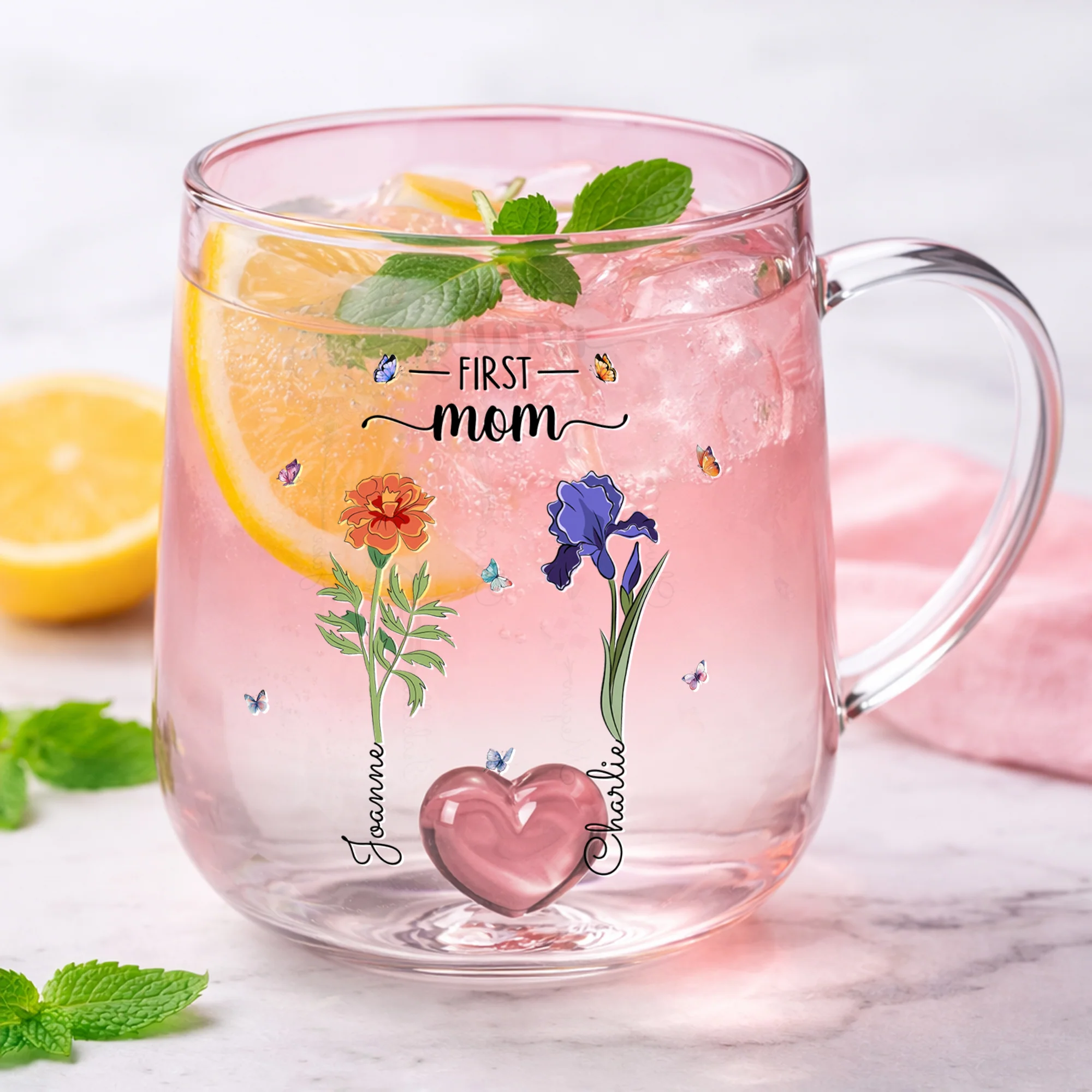 Personalized First Mom Now Grandma Birth Month Flowers Pink Gradient Glass Mug HO82 901796 - Image 2