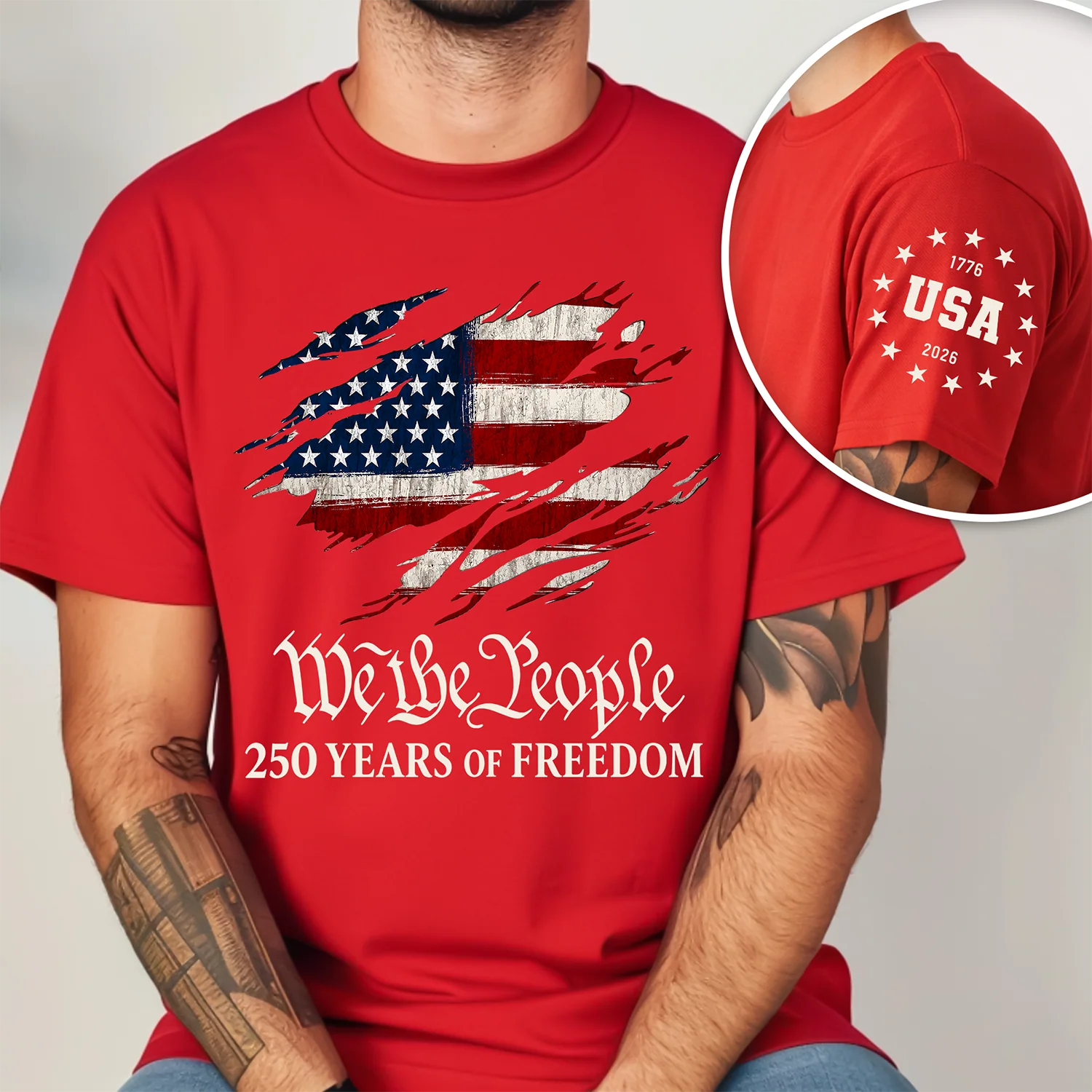 We The People 250 Years of Freedom 1776-2026 America Flag Sleeve Tee Shirt - Patriotic Gift LM32 669353 - Image 2