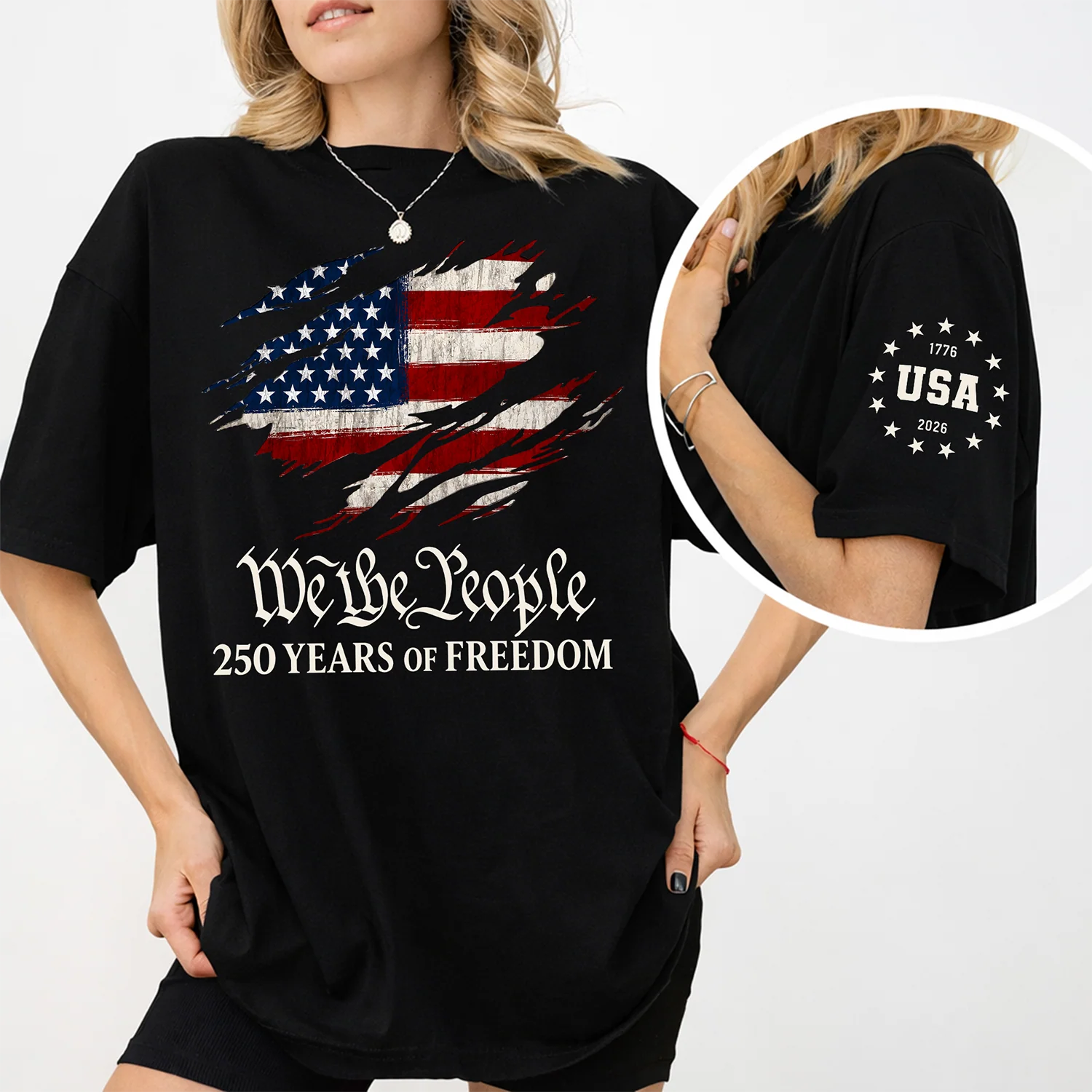 We The People 250 Years of Freedom 1776-2026 America Flag Sleeve Tee Shirt - Patriotic Gift LM32 669353 - Image 4