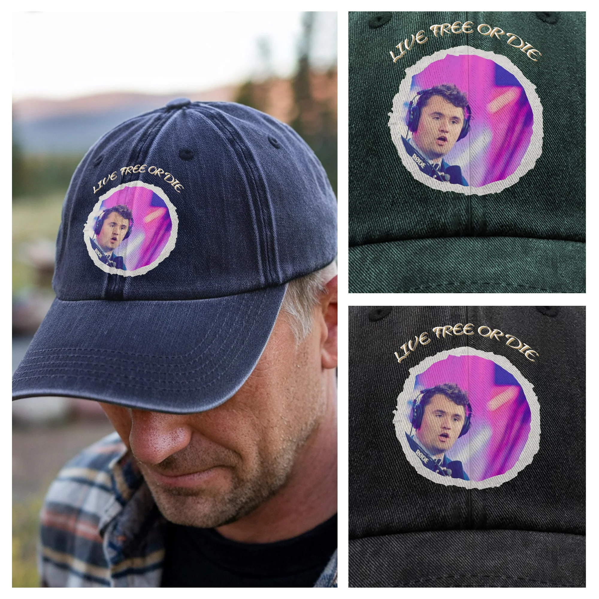 Charlie Kirk - Live Free Or Die Washed Denim Baseball Cap HO82 65792 - Image 5
