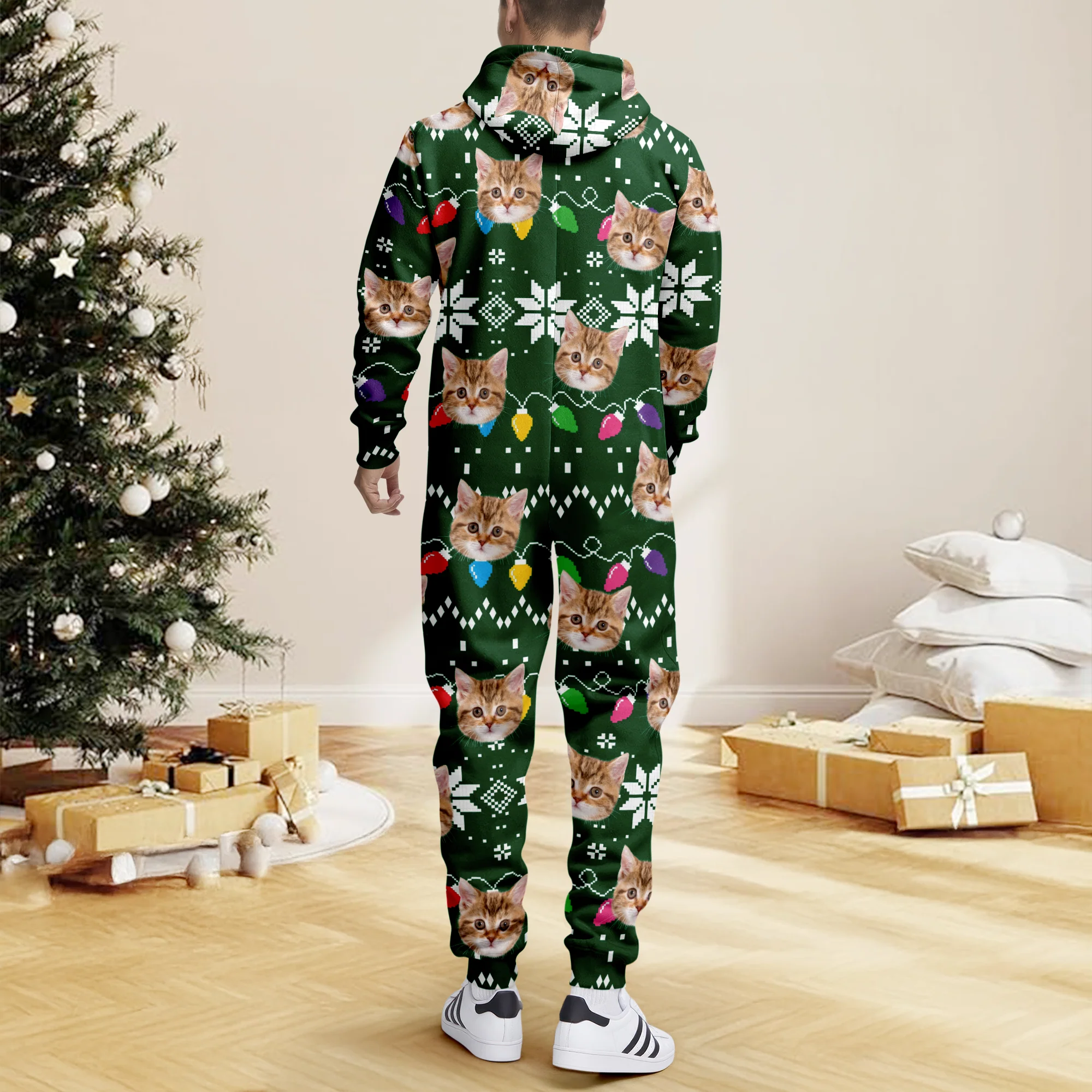 Custom Cat Face Funny Christmas Lights Onesie Pajamas HO82 900392 - Image 2