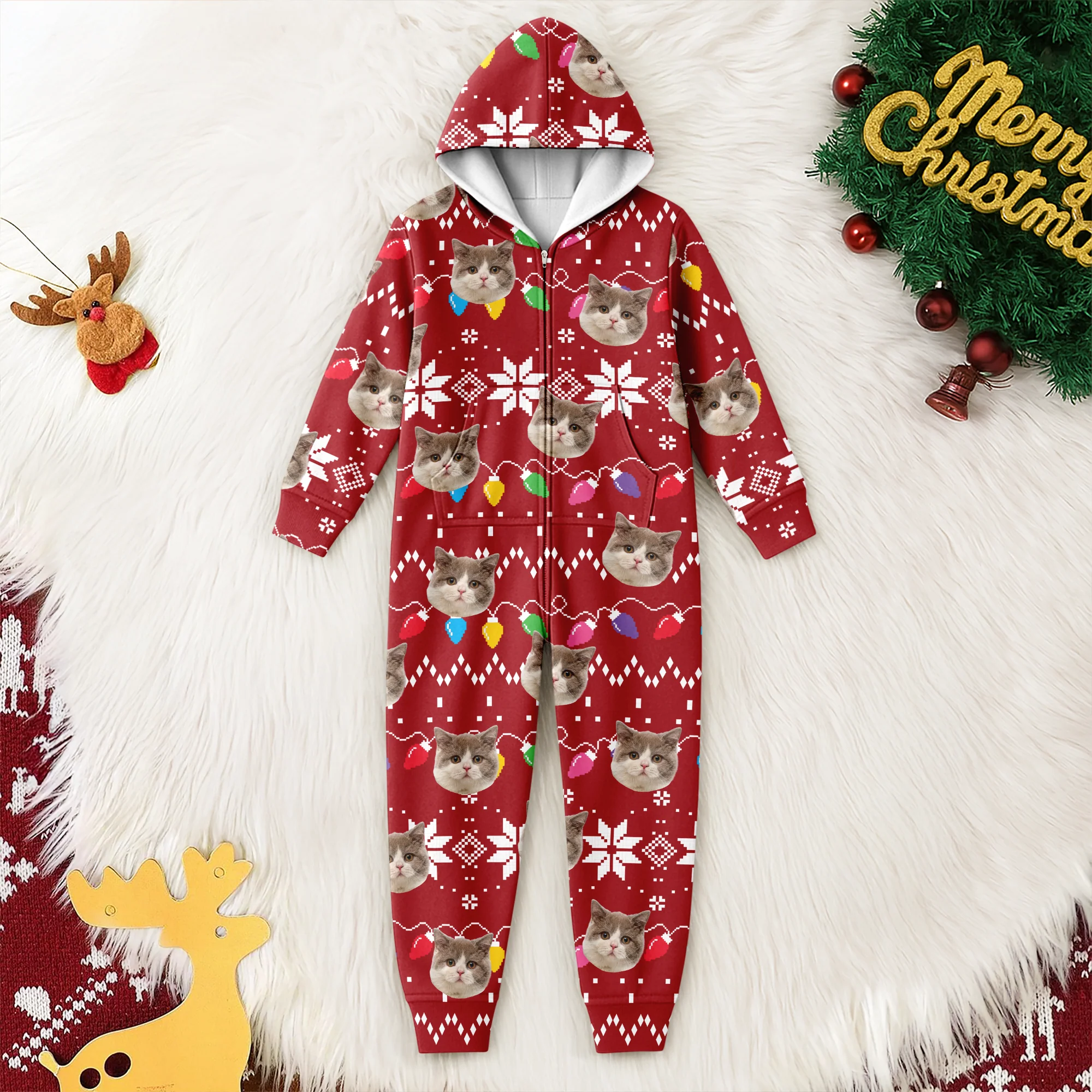 Custom Cat Face Funny Christmas Lights Onesie Pajamas HO82 900392 - Image 3