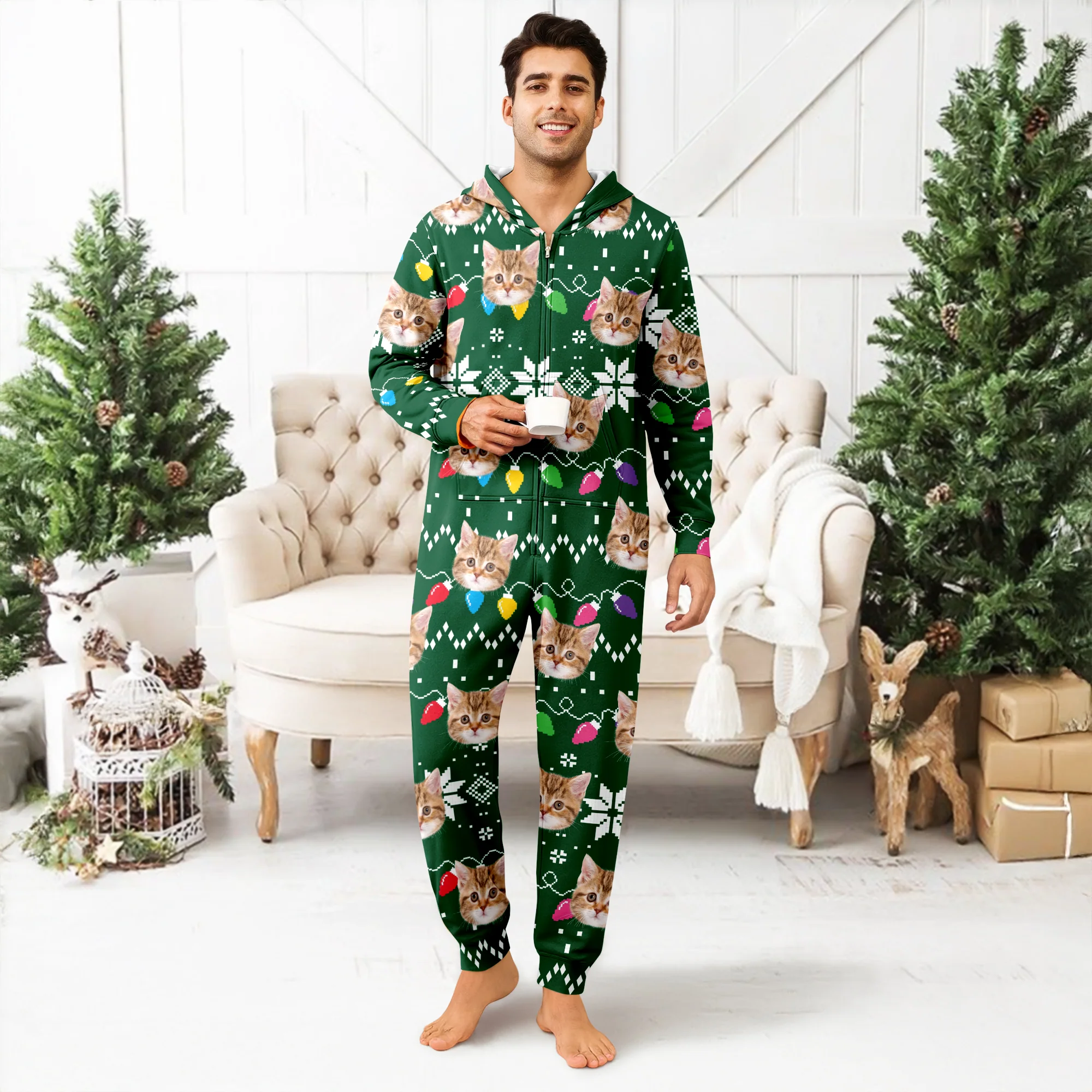 Custom Cat Face Funny Christmas Lights Onesie Pajamas HO82 900392 - Image 4