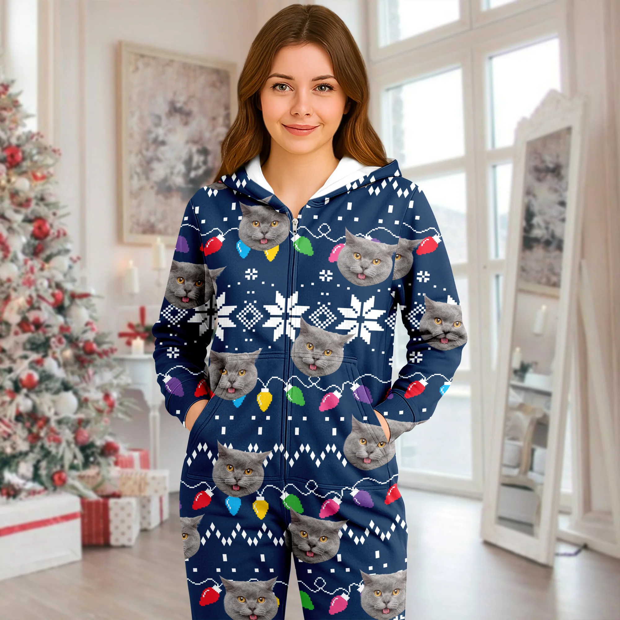 Custom Cat Face Funny Christmas Lights Onesie Pajamas HO82 900392 - Image 8