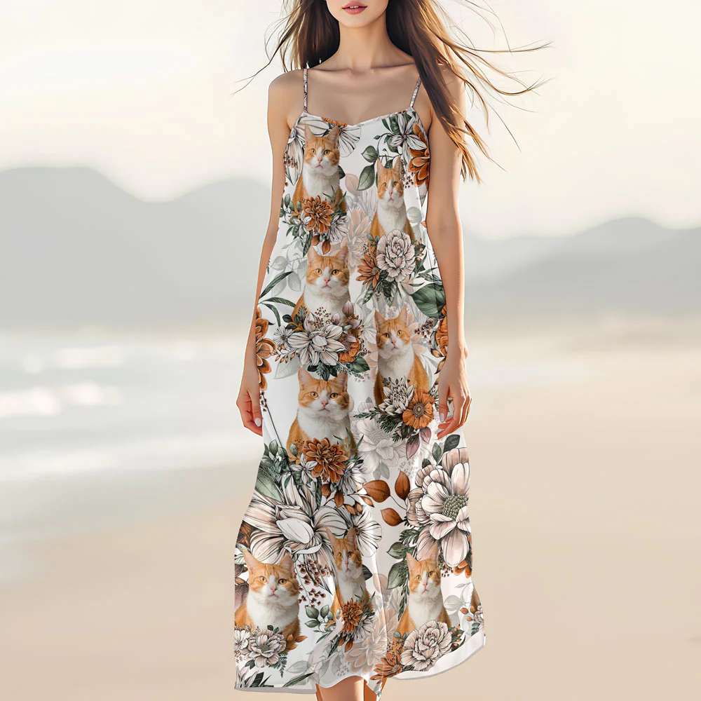 Custom Cat Photo Floral Style Women's V-Neck Cami Maxi Dress HO82 893600 - Image 8
