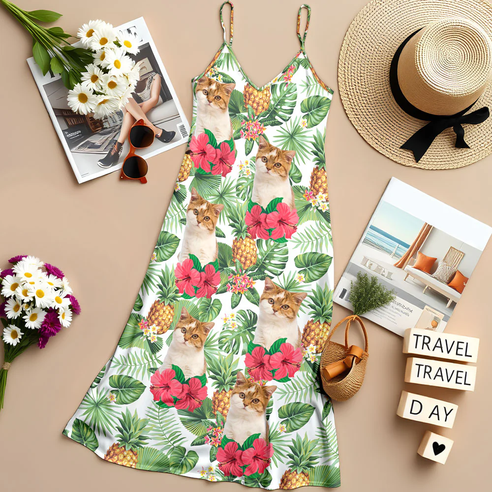 Custom Cat Photo Tropical Women's V-Neck Cami Maxi Dress HO82 893606 - Image 9