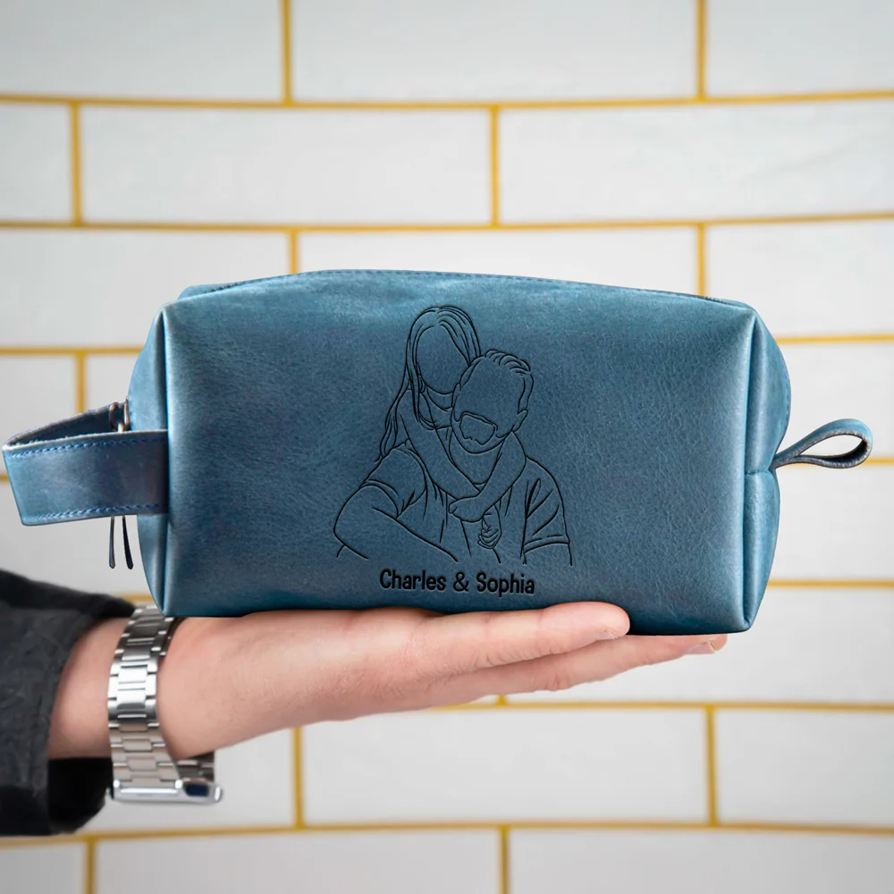 Custom Dad And Kids Photo Drawing Style Engraved Men's Leather Toiletry Bag HO82 894224 - Image 2