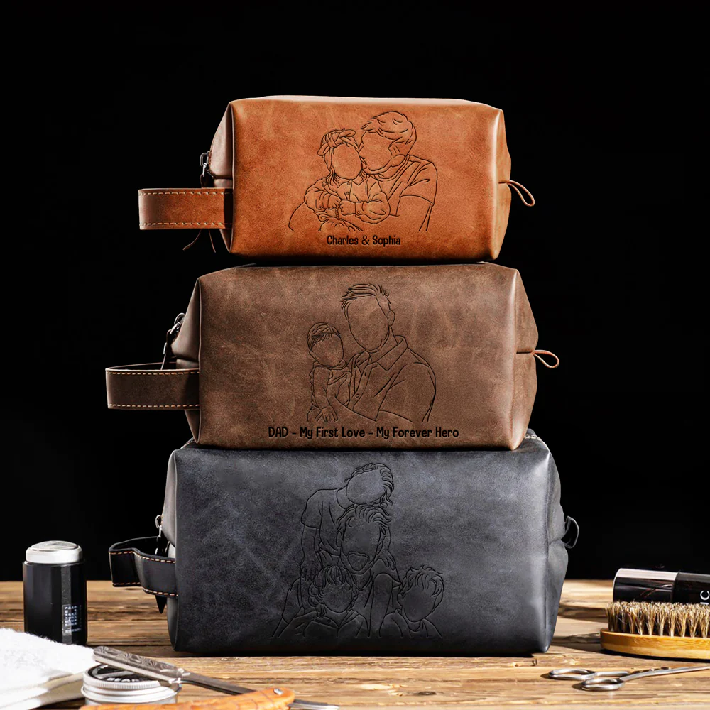 Custom Dad And Kids Photo Drawing Style Engraved Men's Leather Toiletry Bag HO82 894224 - Image 5