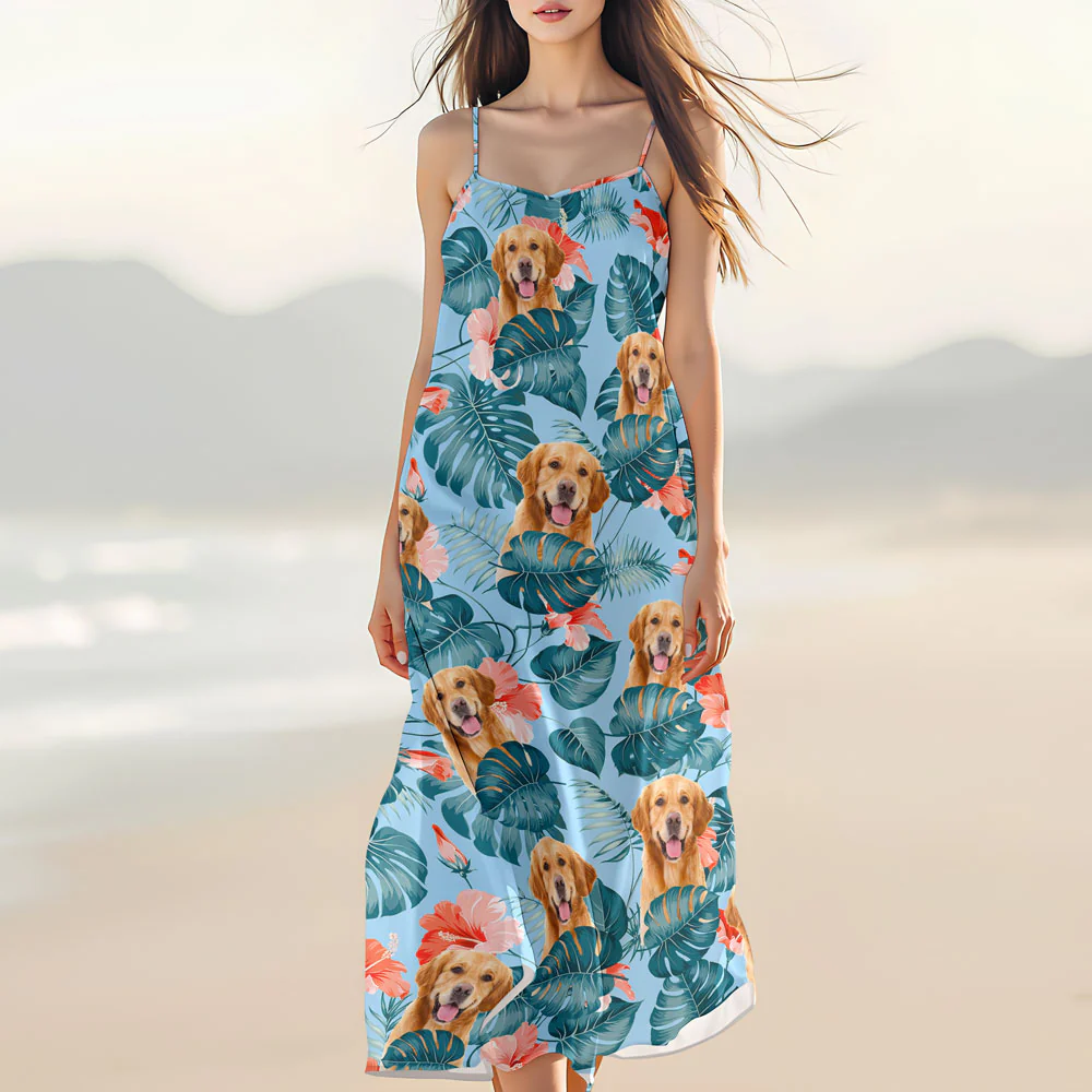 Custom Dog Photo Hawaiian Style Women's V-Neck Cami Maxi Dress For Summer Beach Holiday HO82 893590 - Image 3