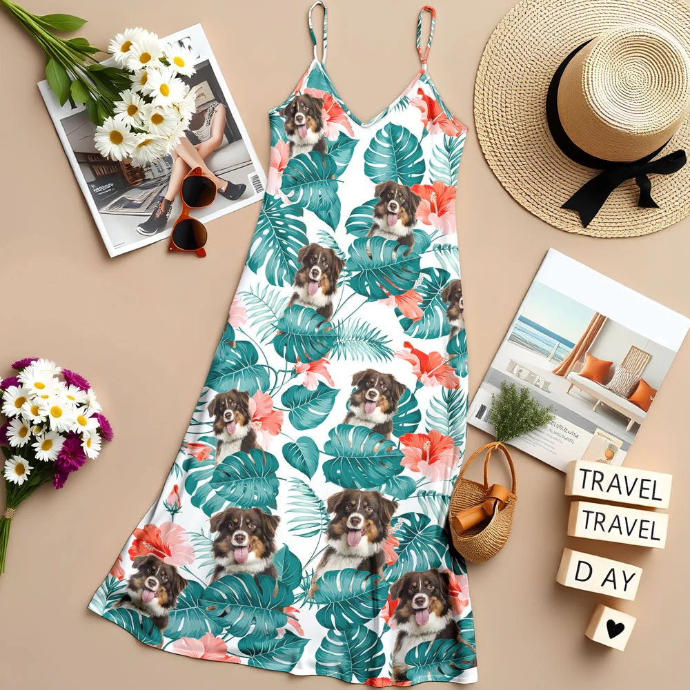 Custom Dog Photo Hawaiian Style Women's V-Neck Cami Maxi Dress For Summer Beach Holiday HO82 893590 - Image 8